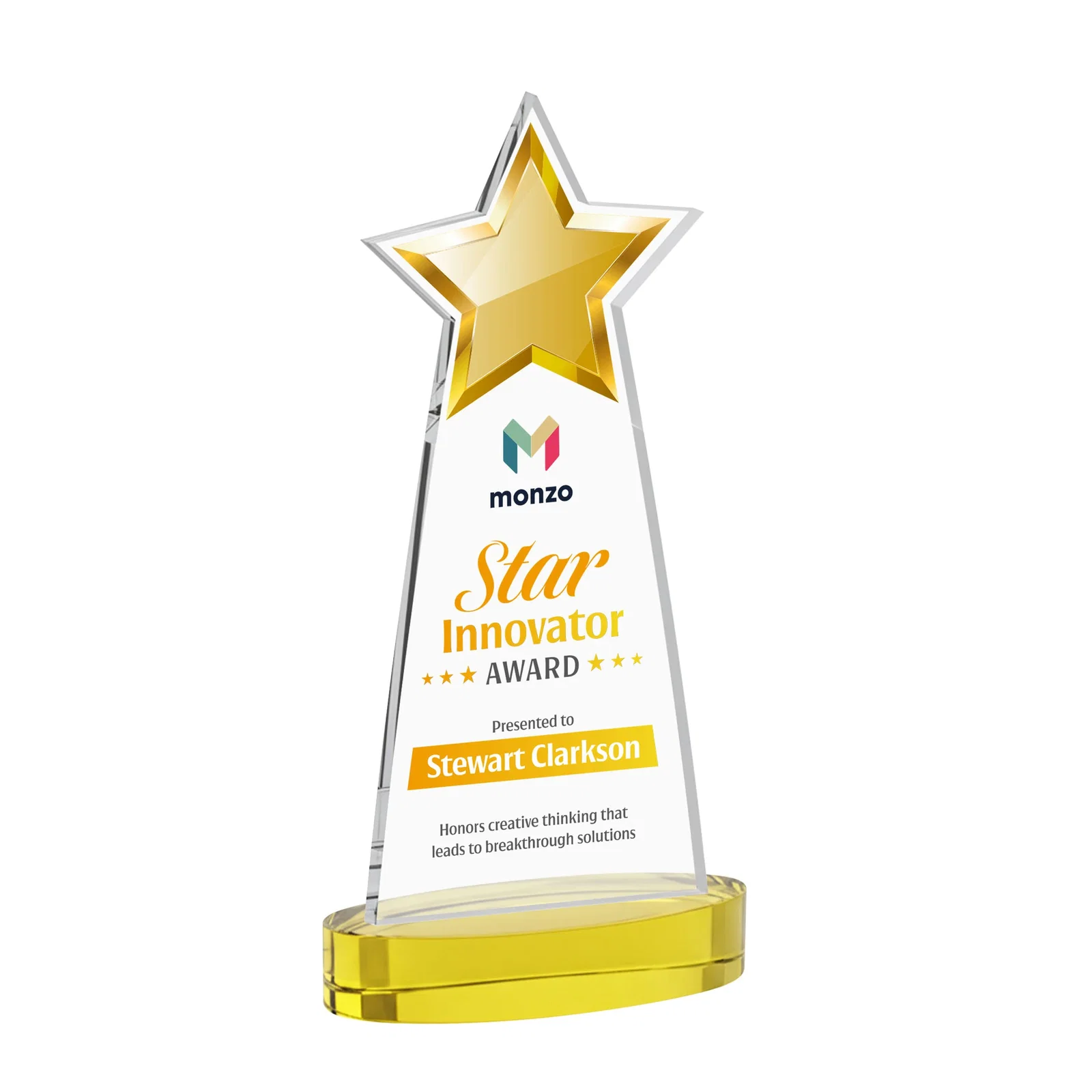 Custom printed Starfire Crystal Star Cutout Award in Eight Colors for corporate award ceremonies