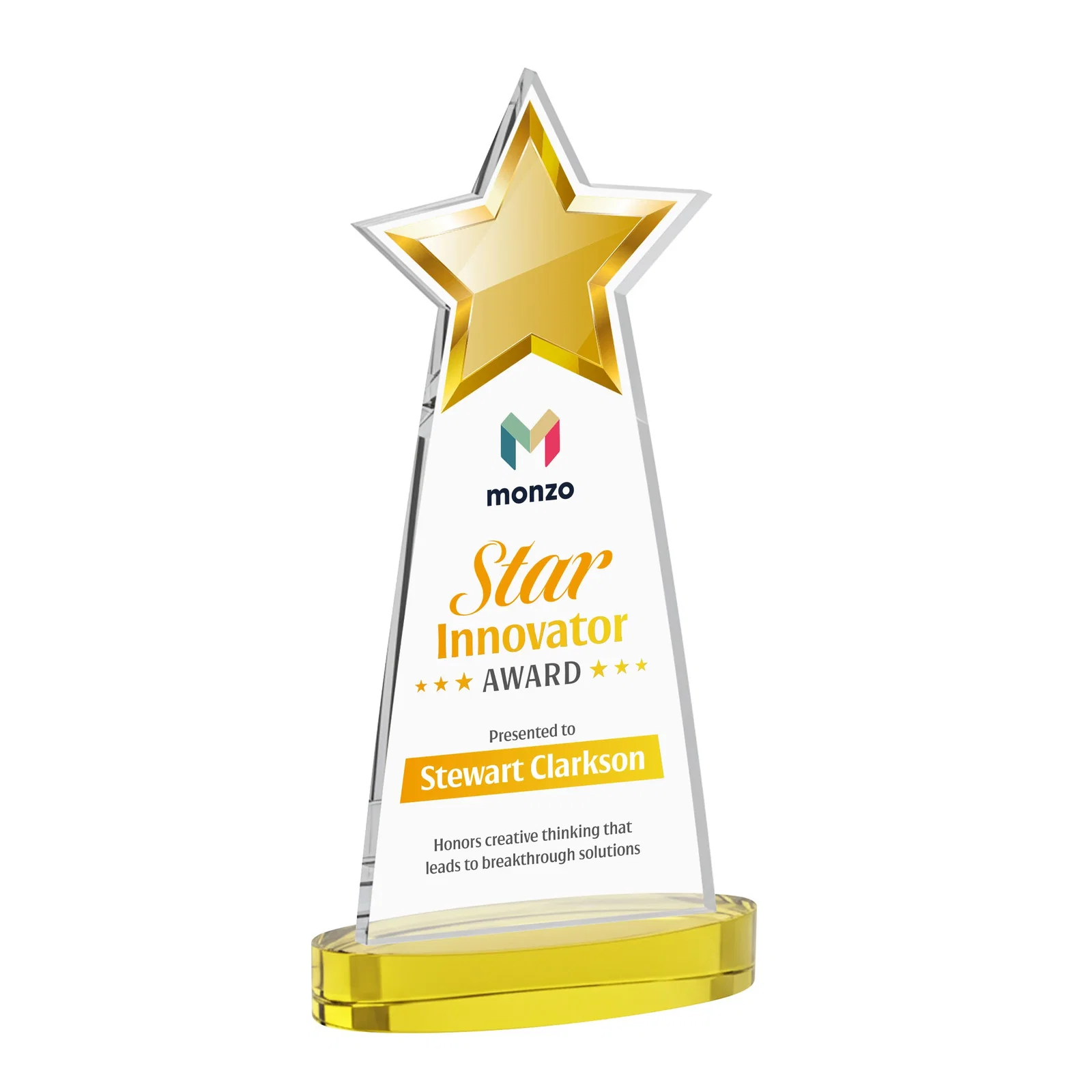 Custom printed Starfire Crystal Star Cutout Award in Eight Colors for service anniversary gifts