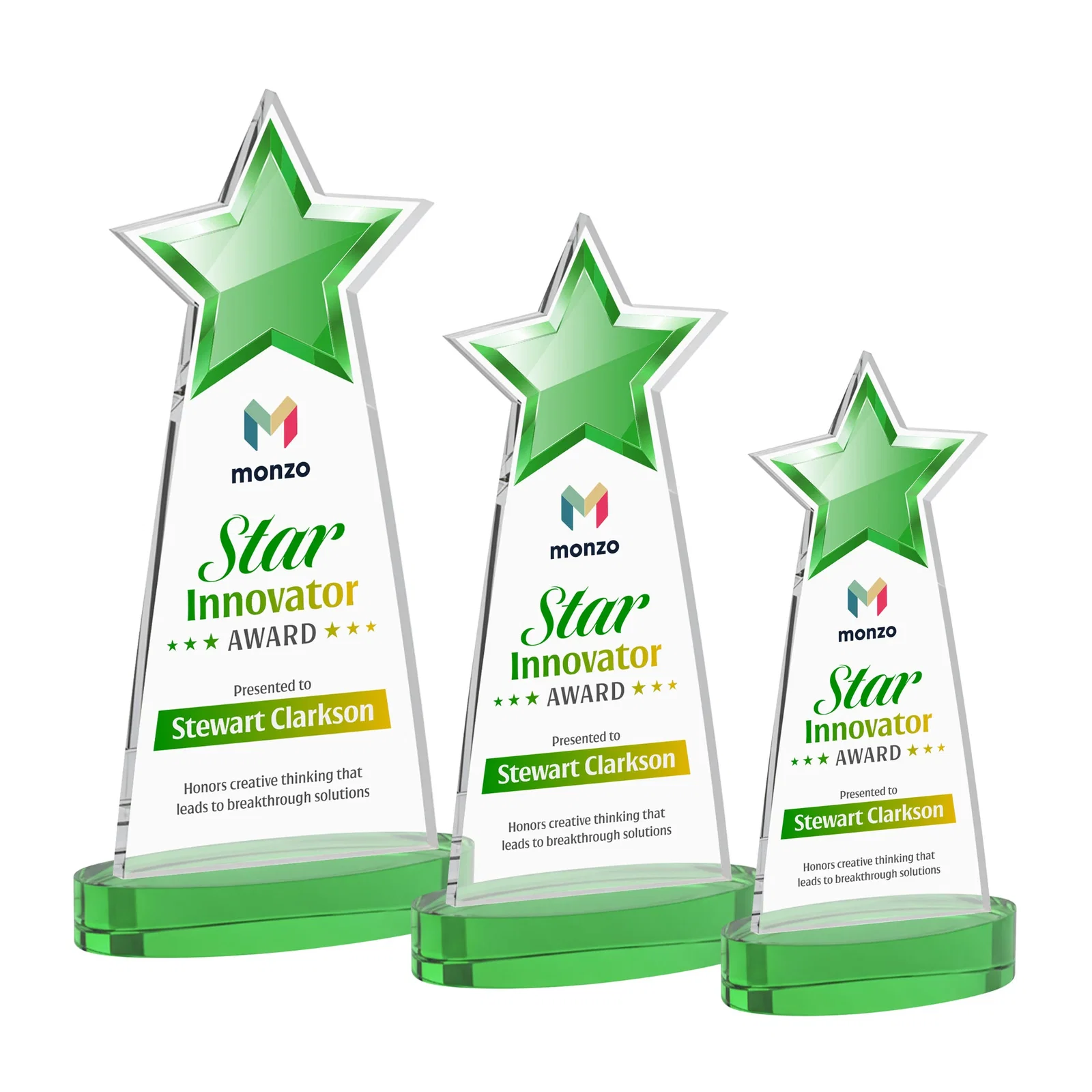Custom printed Starfire Crystal Star Cutout Award in Eight Colors for sales achievement awards