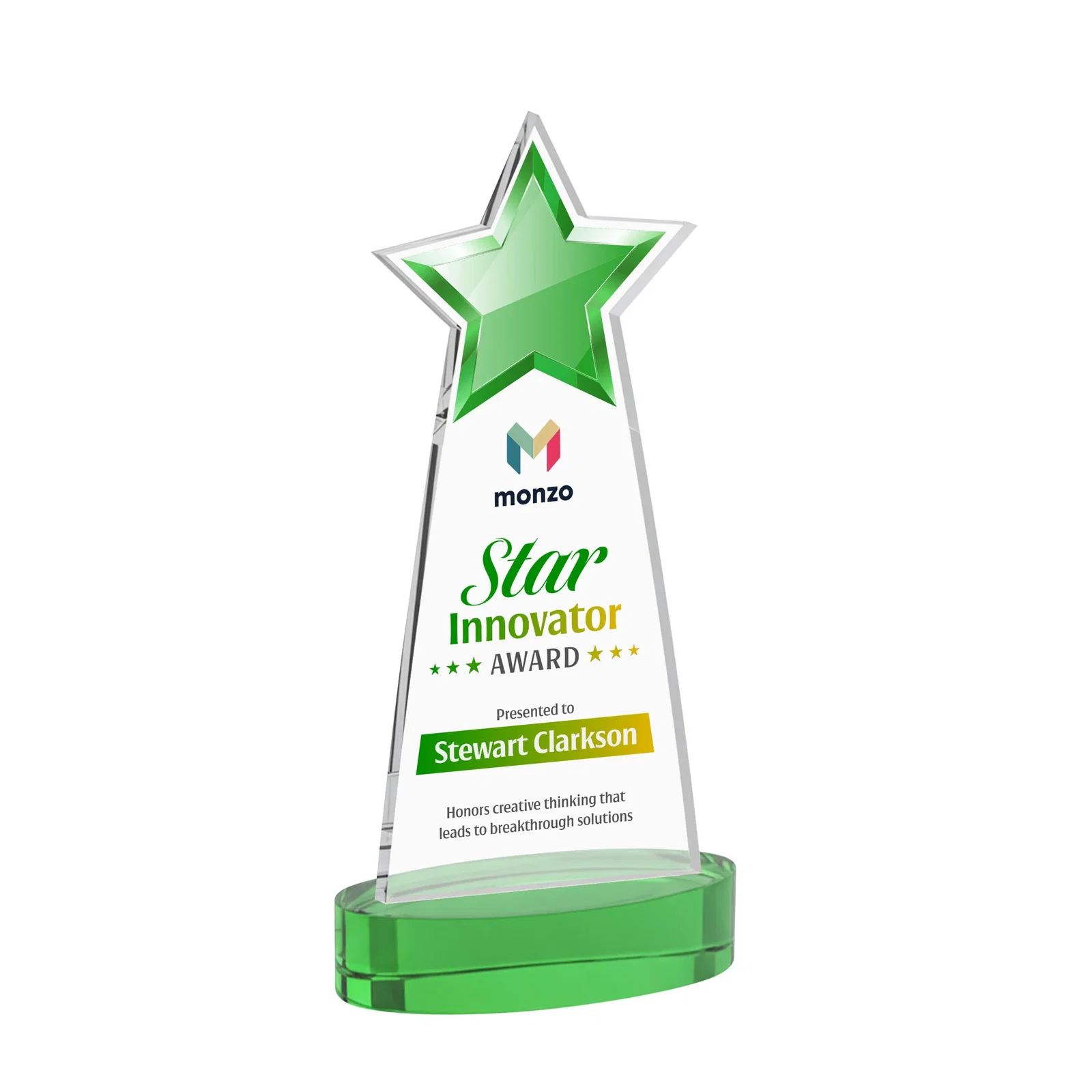Custom printed Starfire Crystal Star Cutout Award in Eight Colors for retirement presentations