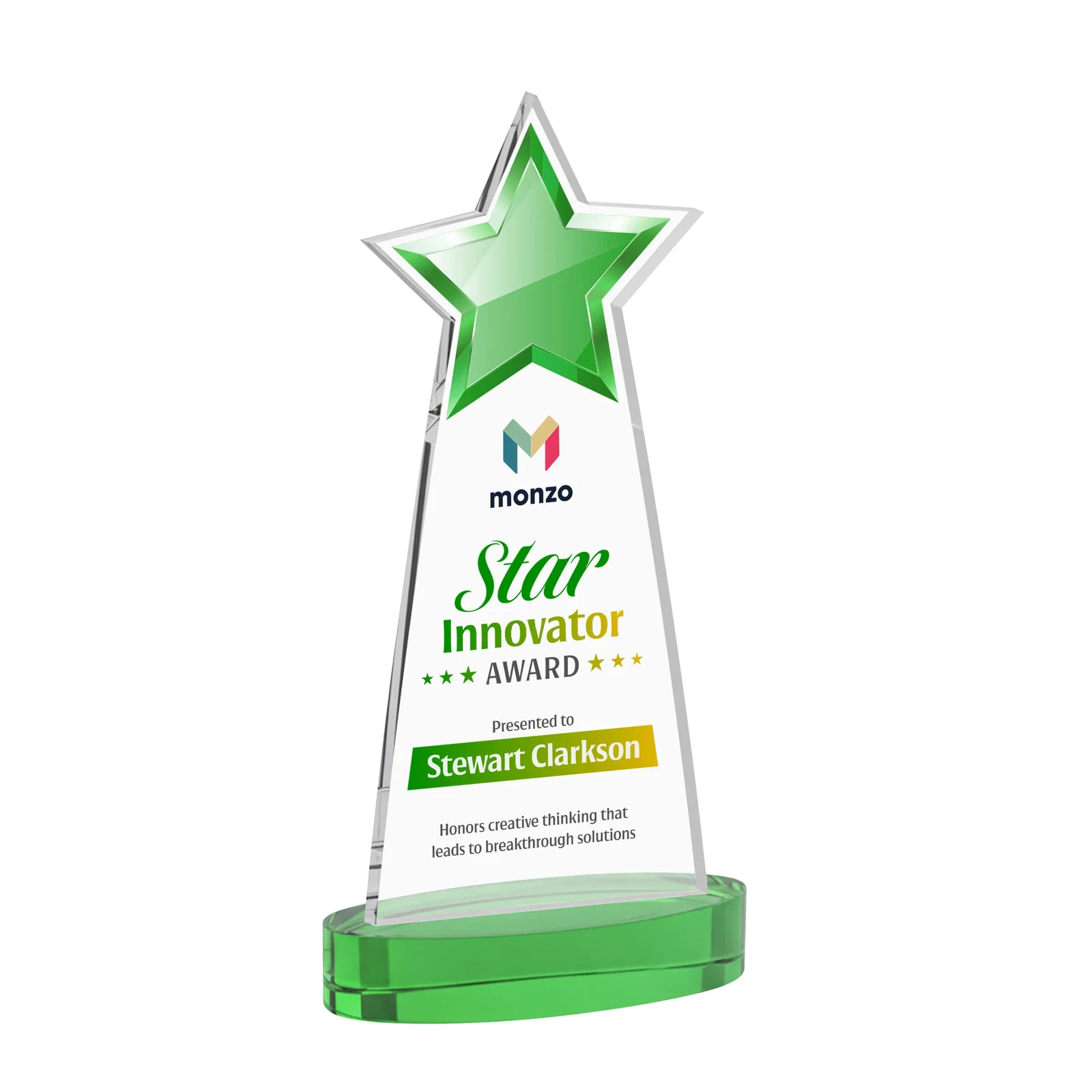 Custom printed Starfire Crystal Star Cutout Award in Eight Colors for team milestone celebrations