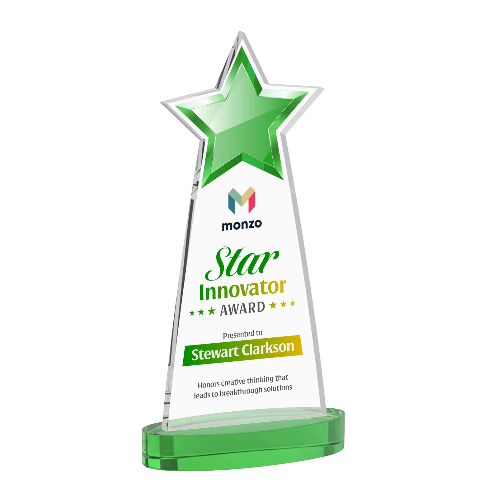 Custom printed Starfire Crystal Star Cutout Award in Eight Colors for donor appreciation