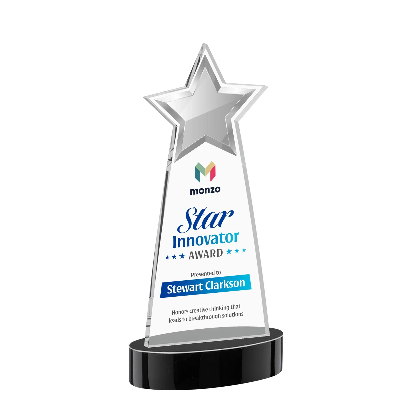 Custom printed Starfire Crystal Star Cutout Award in Eight Colors for safety achievement programs