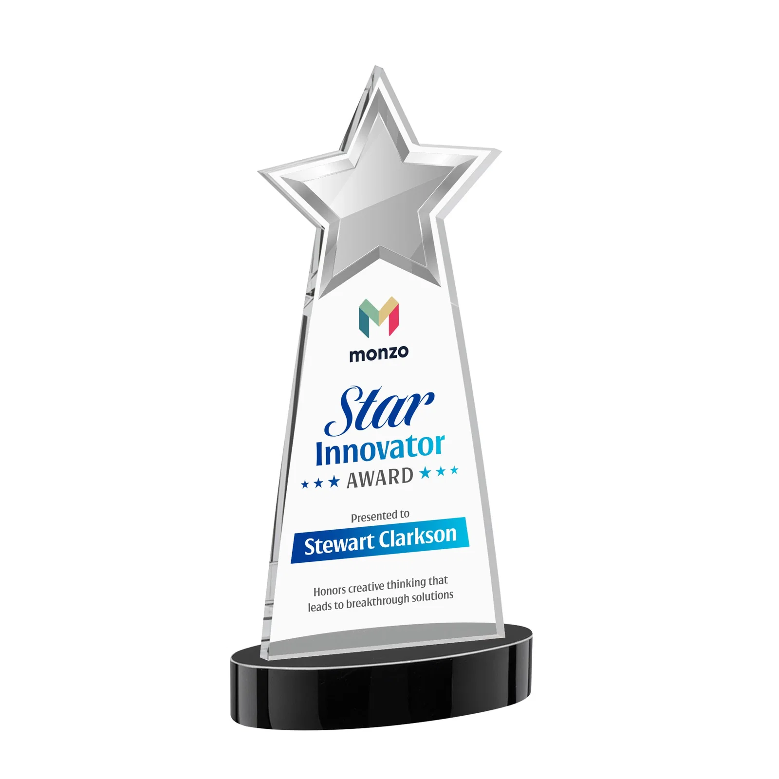Custom printed Starfire Crystal Star Cutout Award in Eight Colors for volunteer appreciation