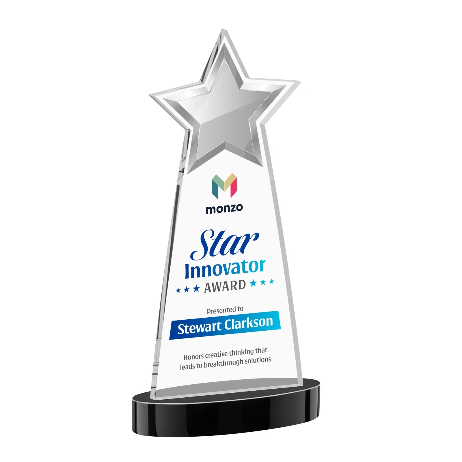 Custom printed Starfire Crystal Star Cutout Award in Eight Colors for dealer and partner awards