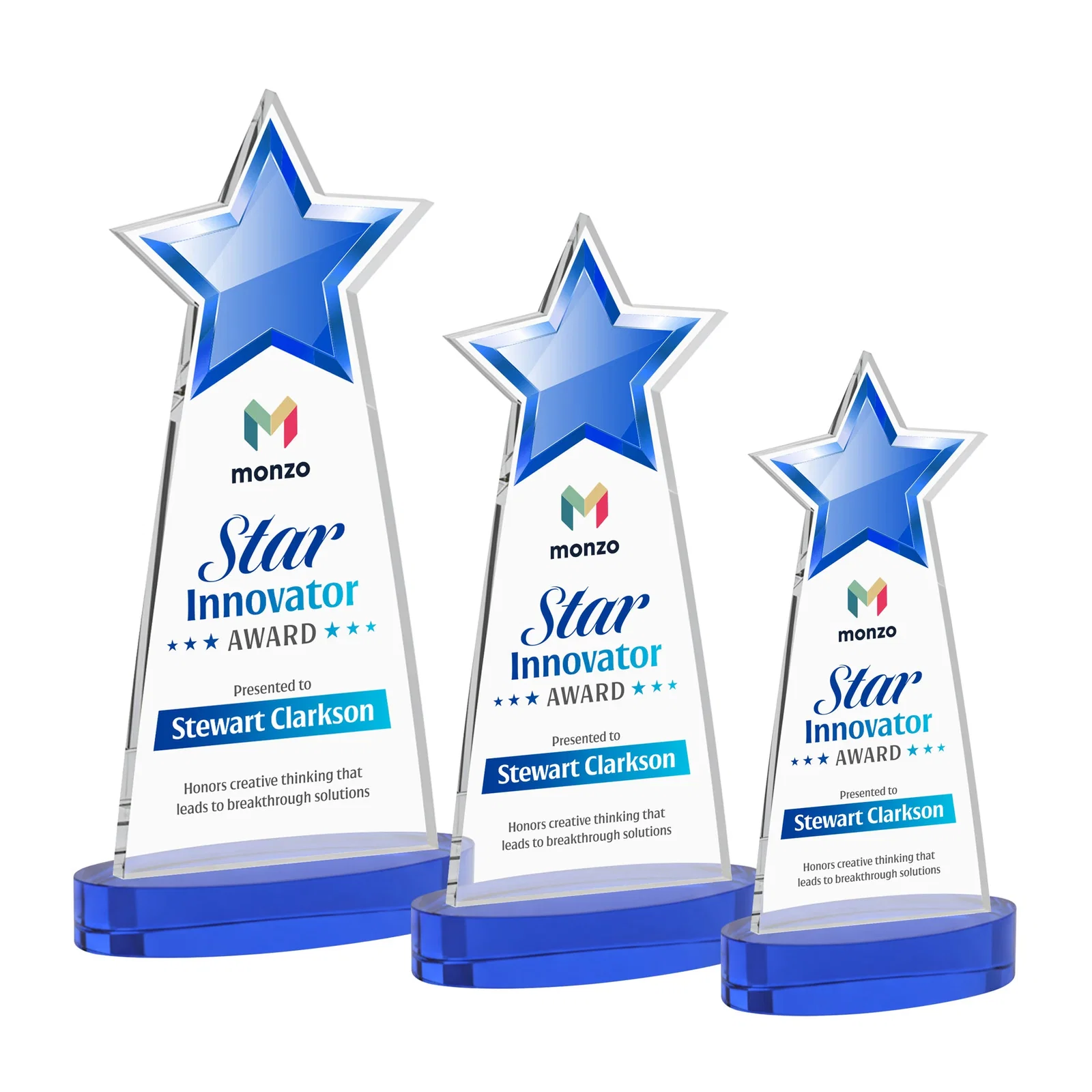 Custom printed Starfire Crystal Star Cutout Award in Eight Colors for company anniversary events