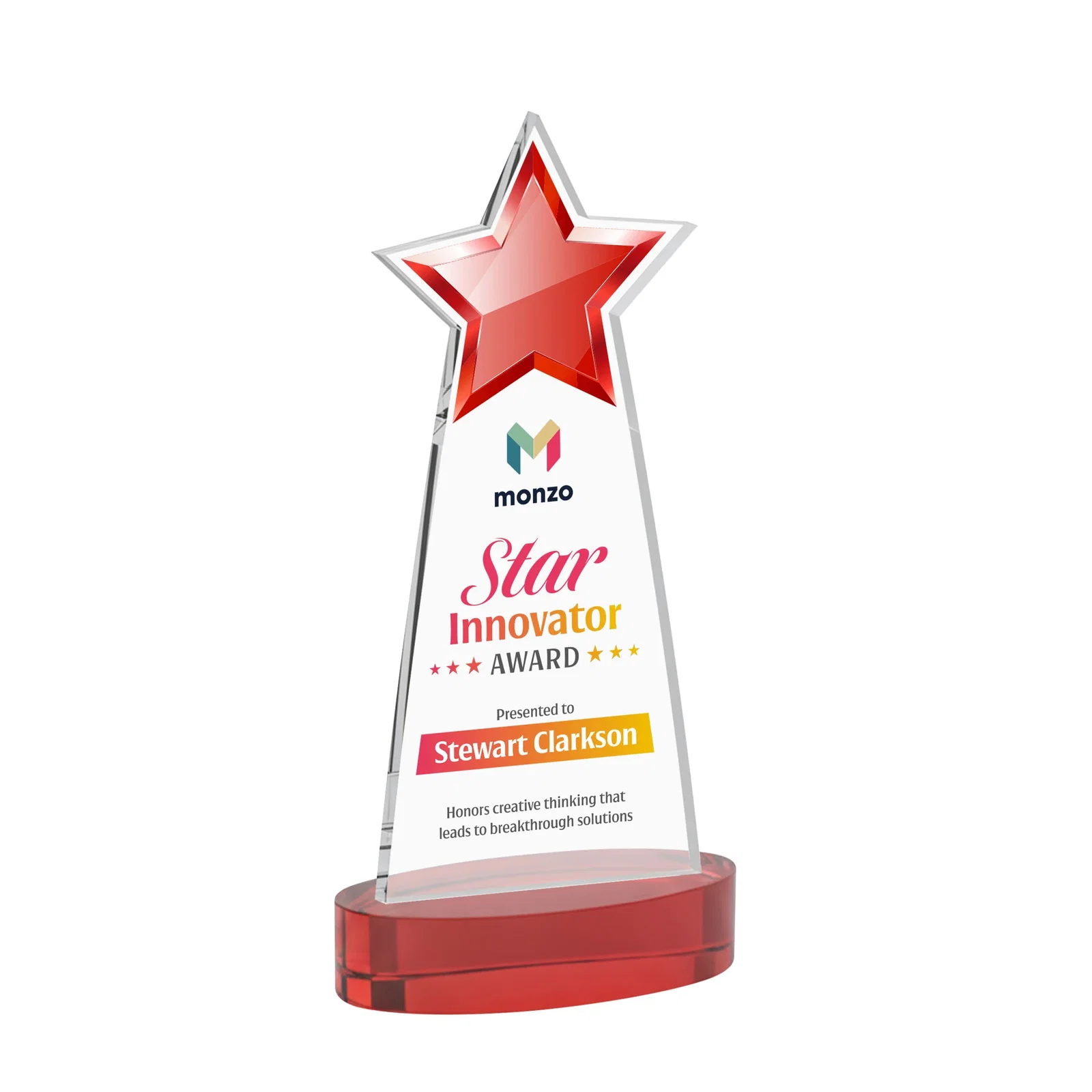 Customized Starfire Crystal Star Cutout Award in Eight Colors for retirement presentations