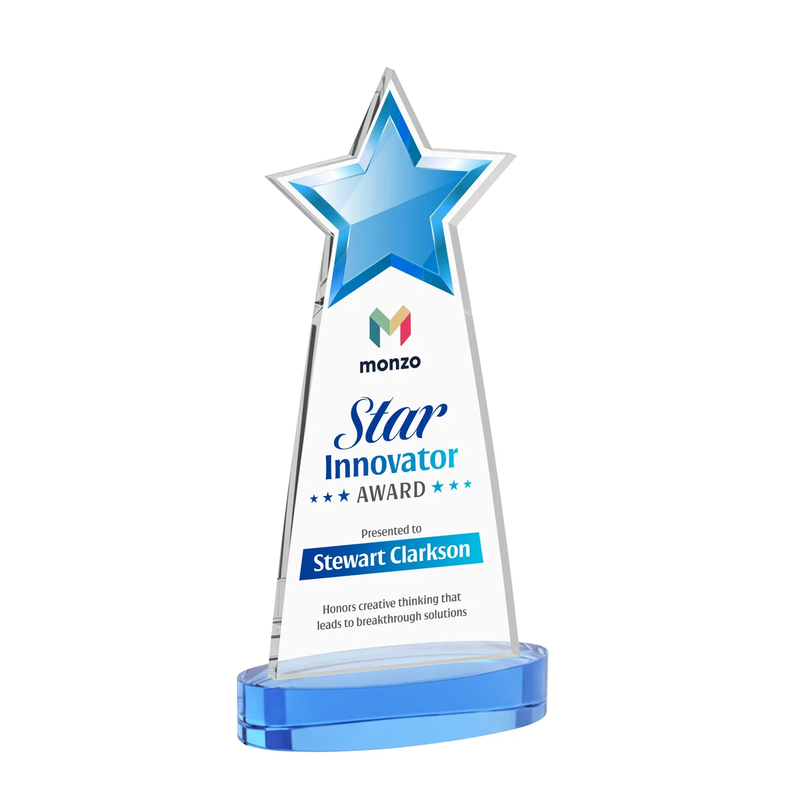 Customized Starfire Crystal Star Cutout Award in Eight Colors for volunteer appreciation
