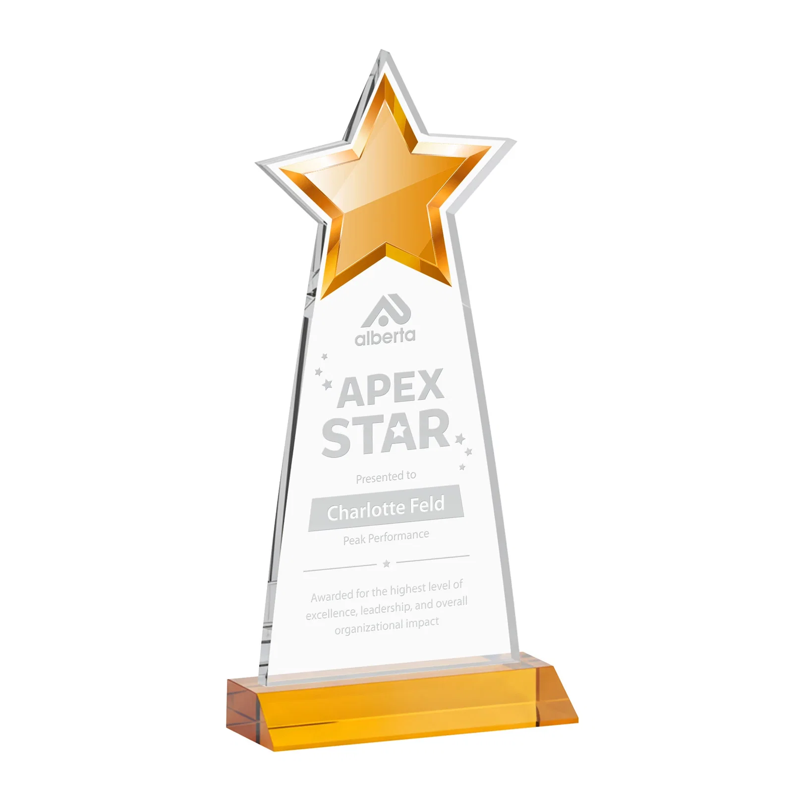 Custom Starfire Crystal Star Cutout Award With Second-Position Etch for volunteer appreciation