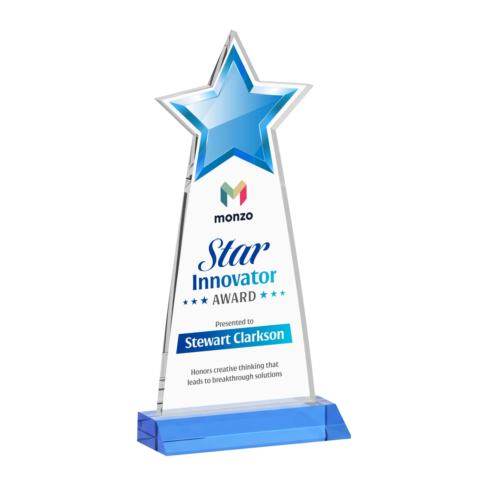 Customized Starfire Crystal Star Cutout Award With Second-Position Etch for company anniversary events