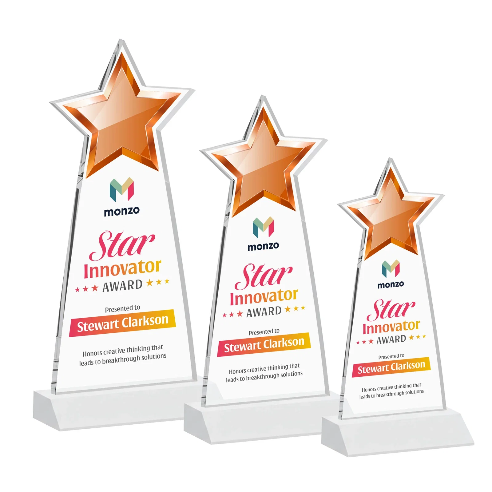 Custom engraved Starfire Crystal Star Cutout Award With Second-Position Etch for employee recognition