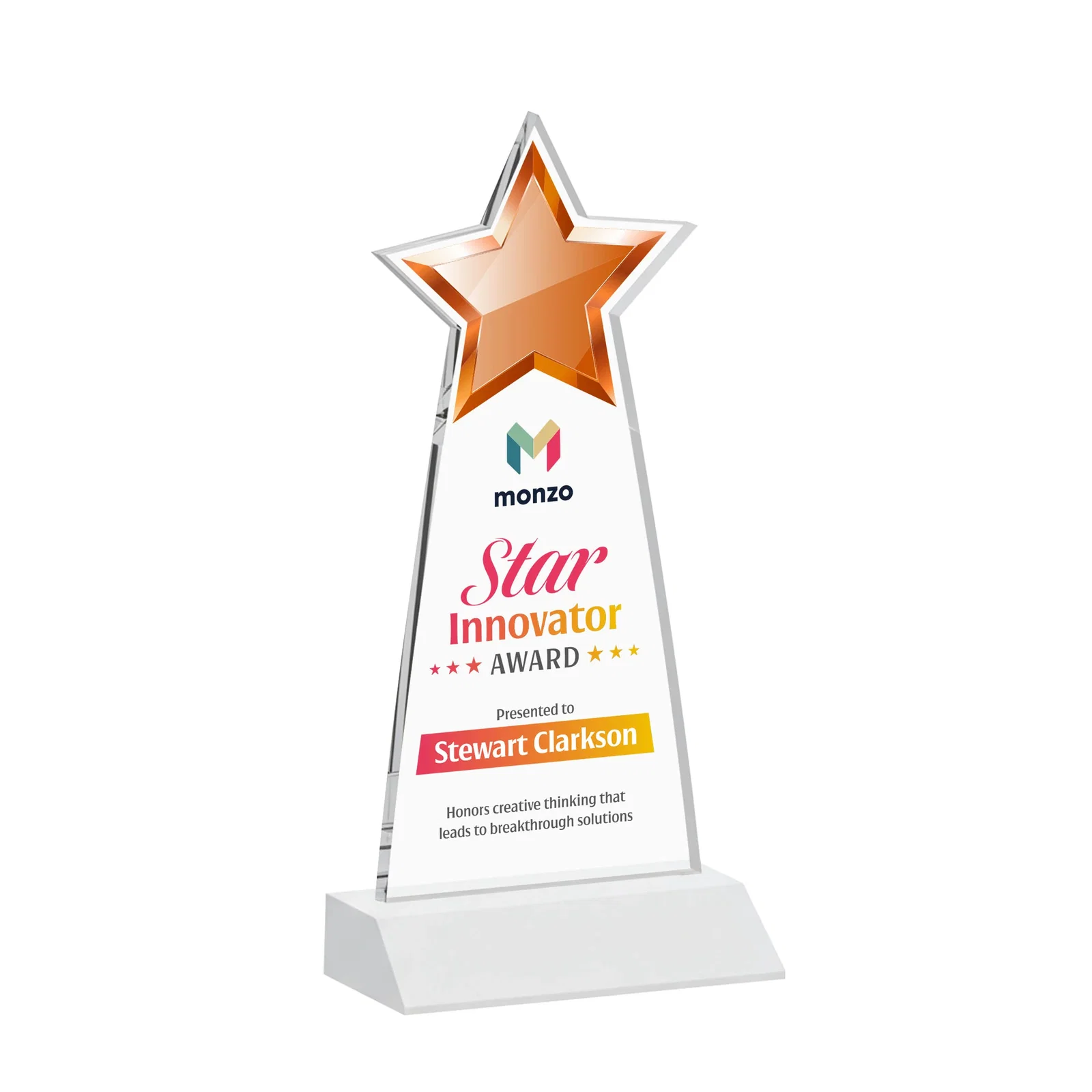 Custom engraved Starfire Crystal Star Cutout Award With Second-Position Etch for corporate award ceremonies