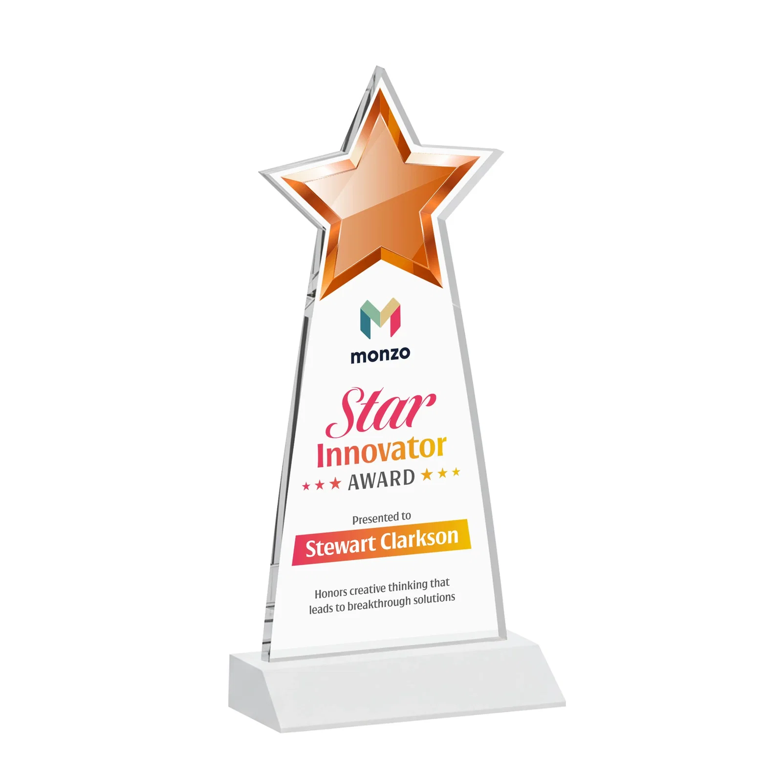Custom engraved Starfire Crystal Star Cutout Award With Second-Position Etch for service anniversary gifts