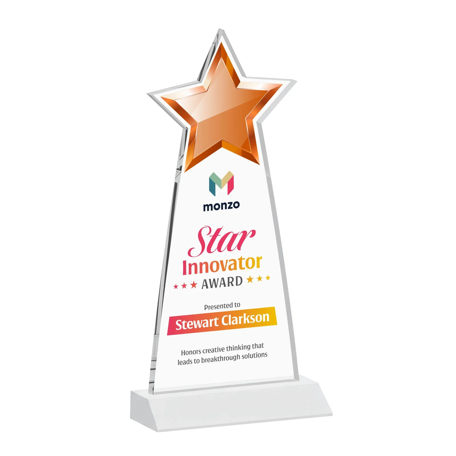Custom engraved Starfire Crystal Star Cutout Award With Second-Position Etch for sales achievement awards