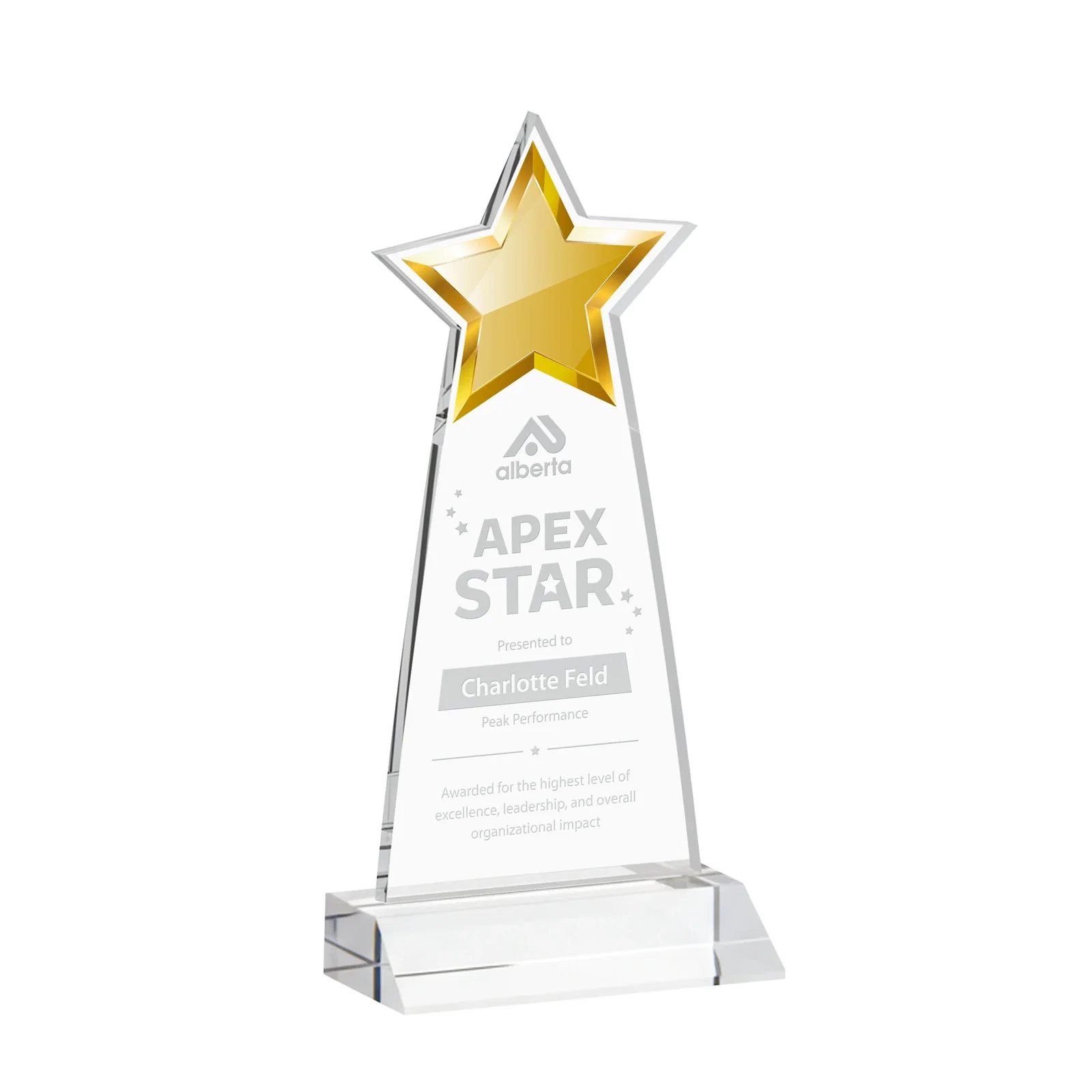 Custom Starfire Crystal Star Cutout Award With Second-Position Etch for corporate award ceremonies