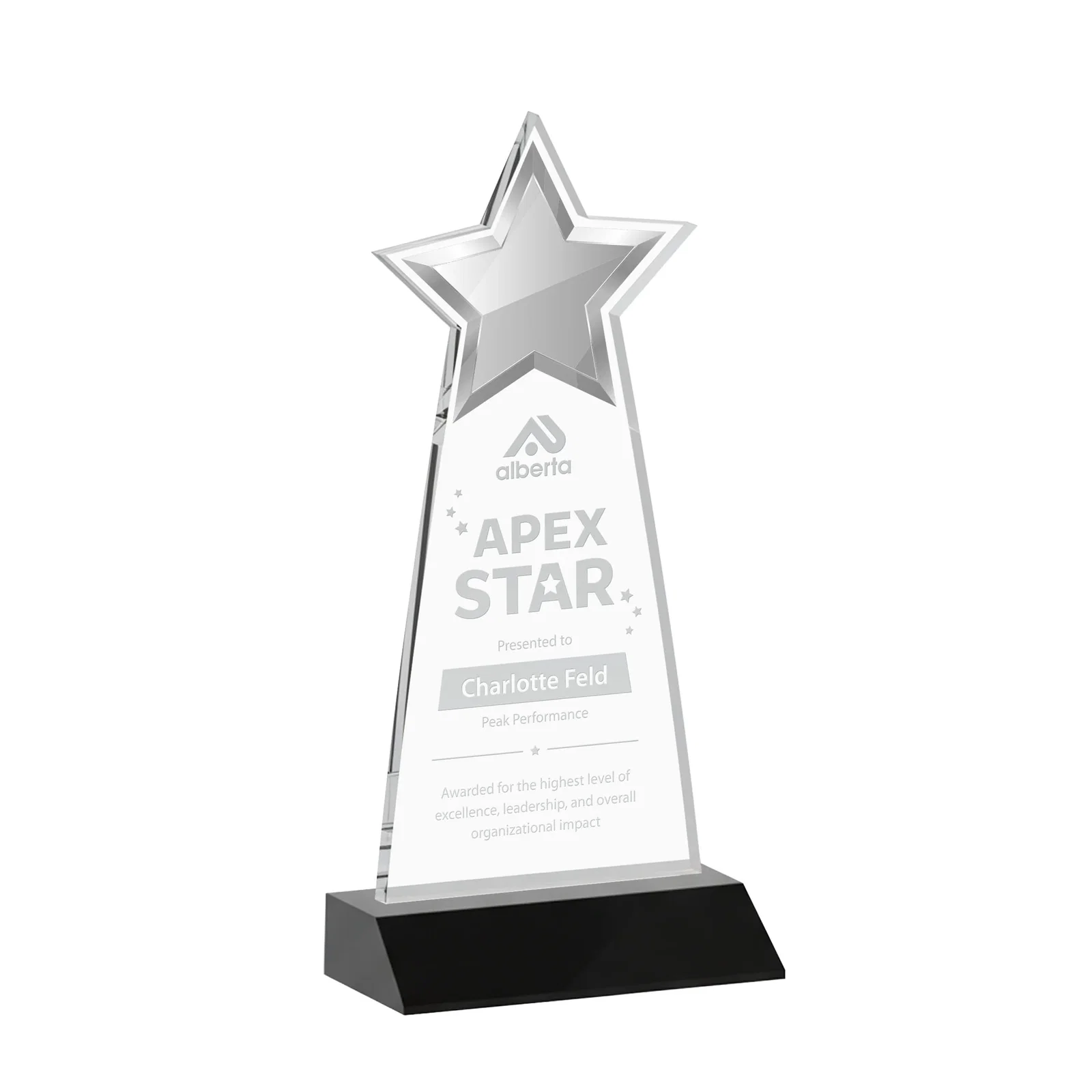 Personalized Starfire Crystal Star Cutout Award With Second-Position Etch for sales achievement awards