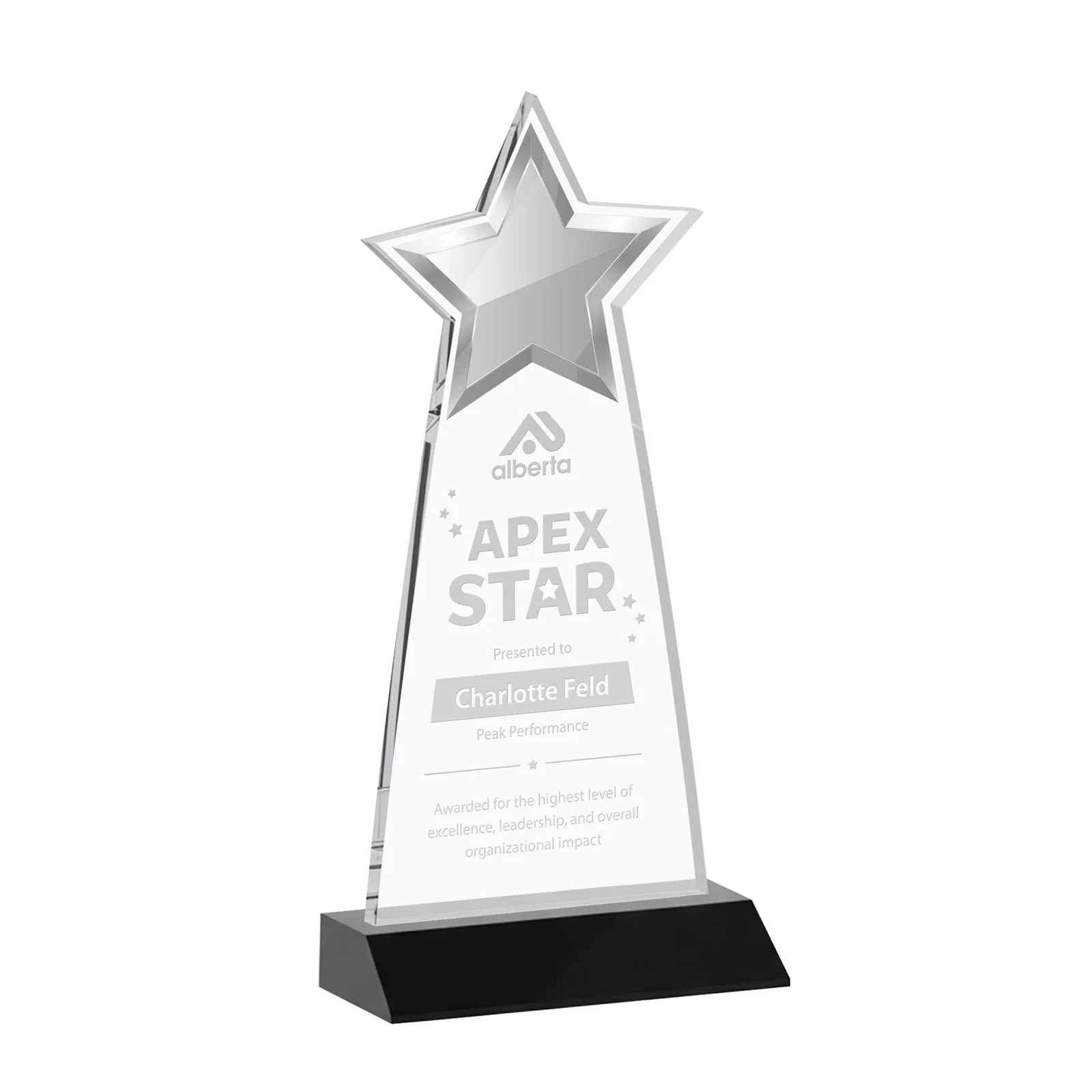 Personalized Starfire Crystal Star Cutout Award With Second-Position Etch for retirement presentations
