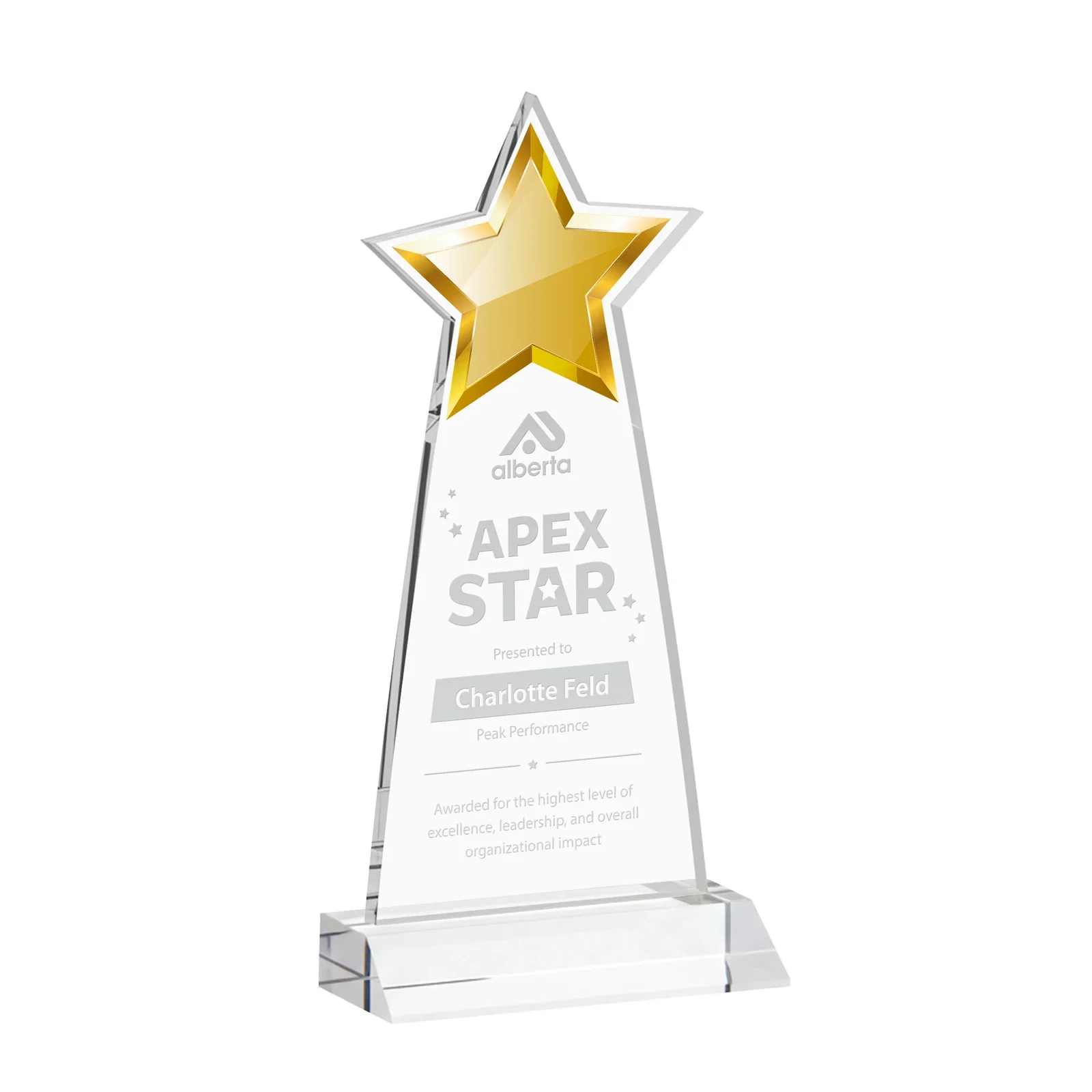 Custom Starfire Crystal Star Cutout Award With Second-Position Etch for service anniversary gifts