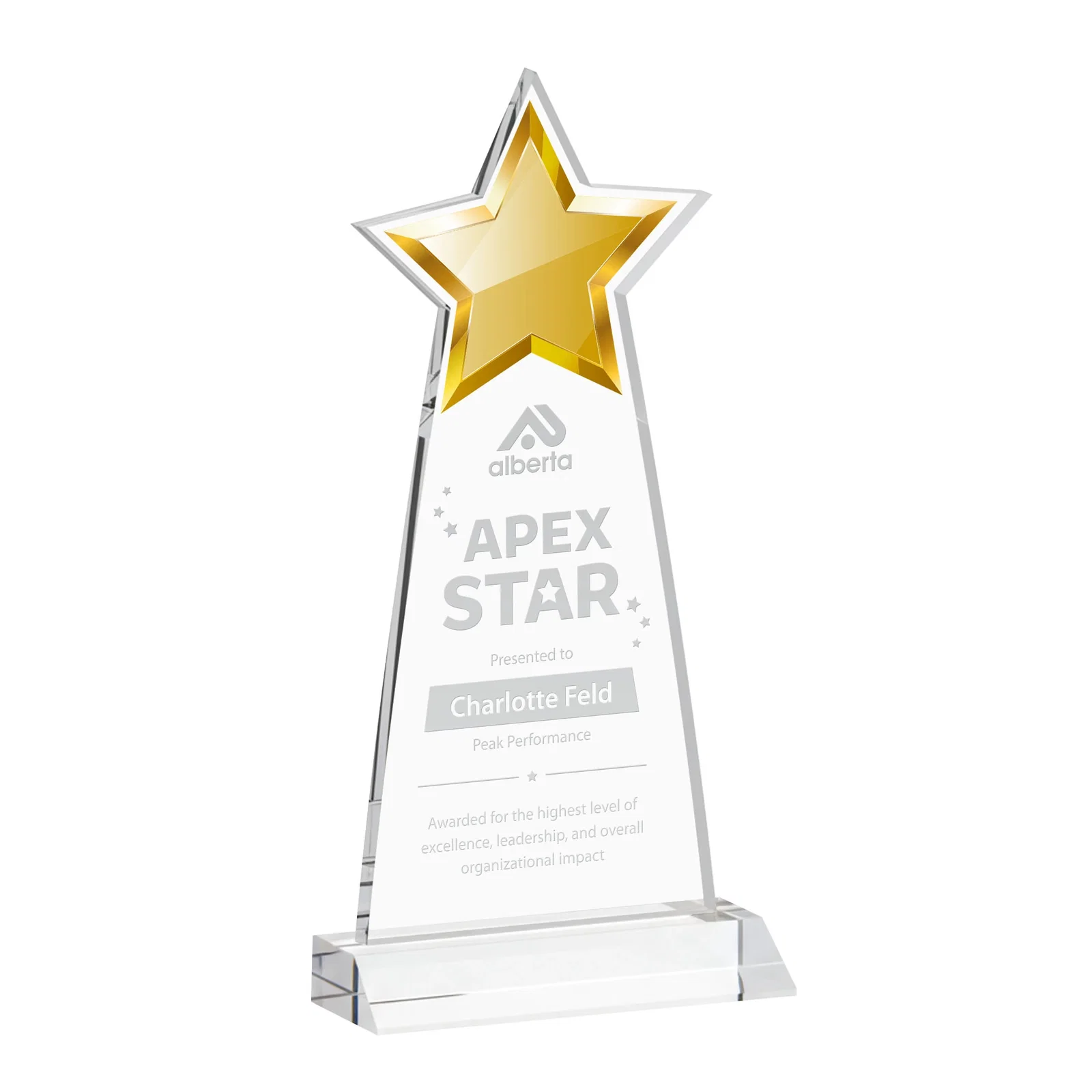 Custom Starfire Crystal Star Cutout Award With Second-Position Etch for sales achievement awards