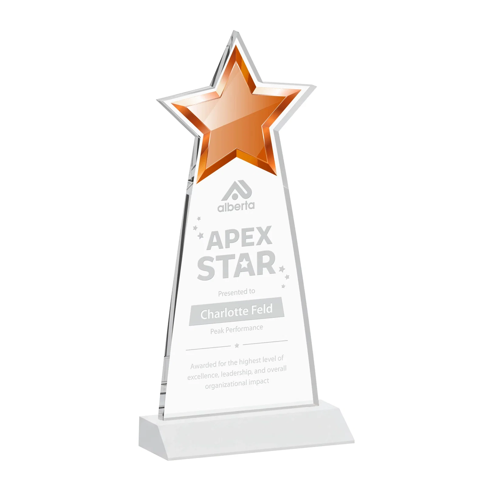Branded Starfire Crystal Star Cutout Award With Second-Position Etch for corporate award ceremonies