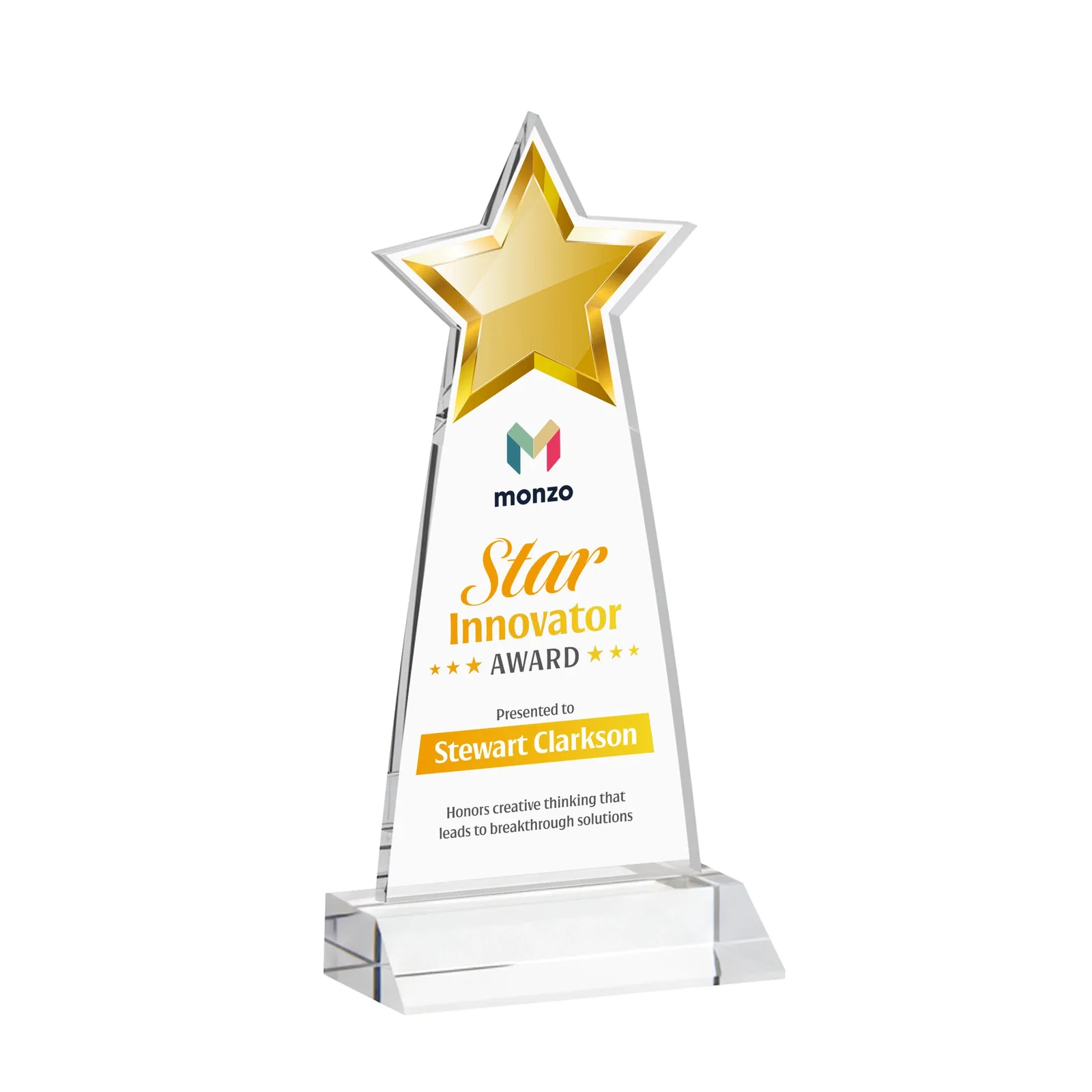 Branded Starfire Crystal Star Cutout Award With Second-Position Etch for sales achievement awards