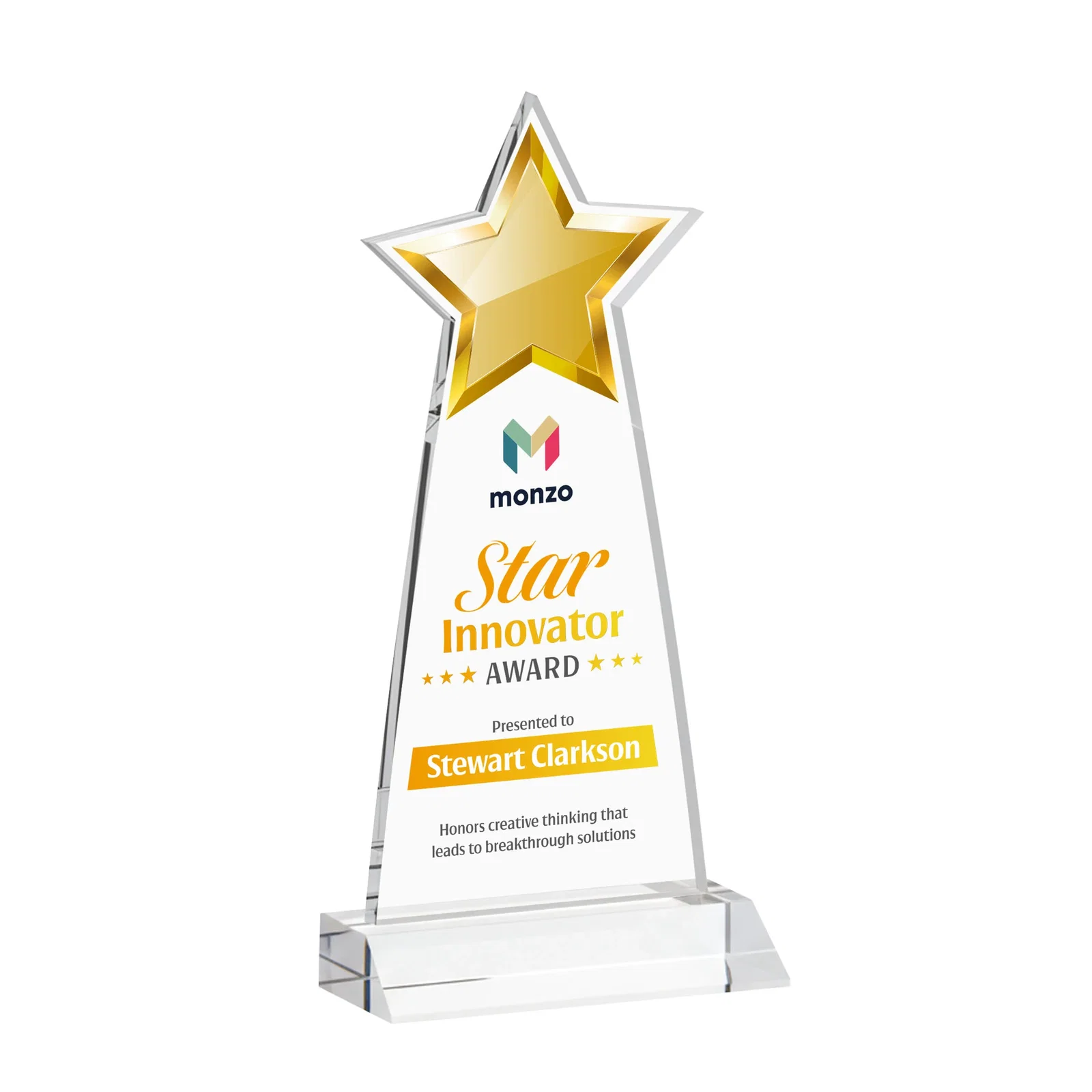 Branded Starfire Crystal Star Cutout Award With Second-Position Etch for retirement presentations