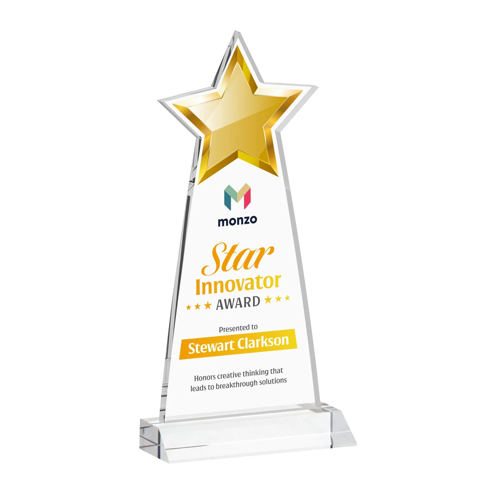 Branded Starfire Crystal Star Cutout Award With Second-Position Etch for team milestone celebrations