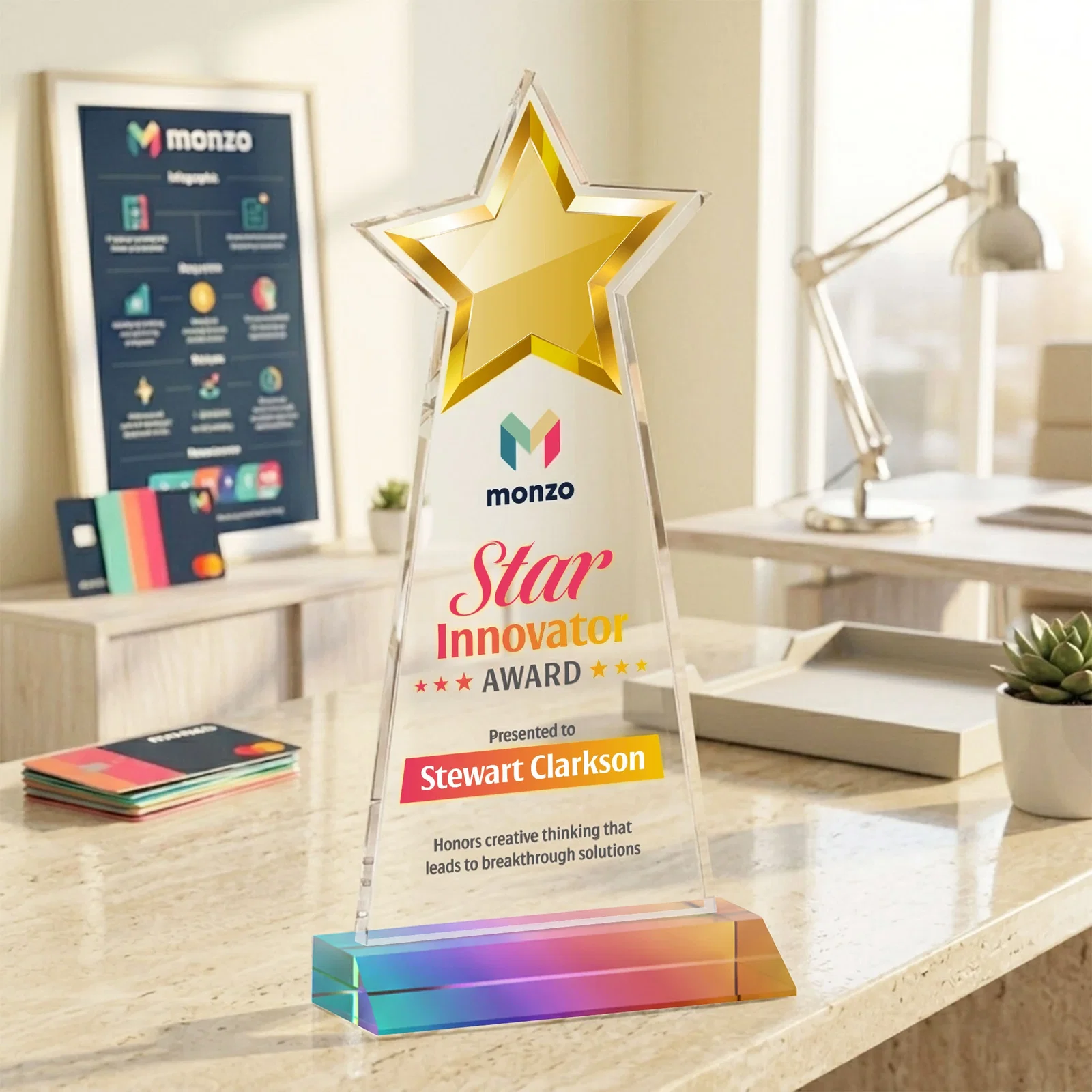 Branded Starfire Crystal Star Cutout Award With Second-Position Etch for graduation ceremonies