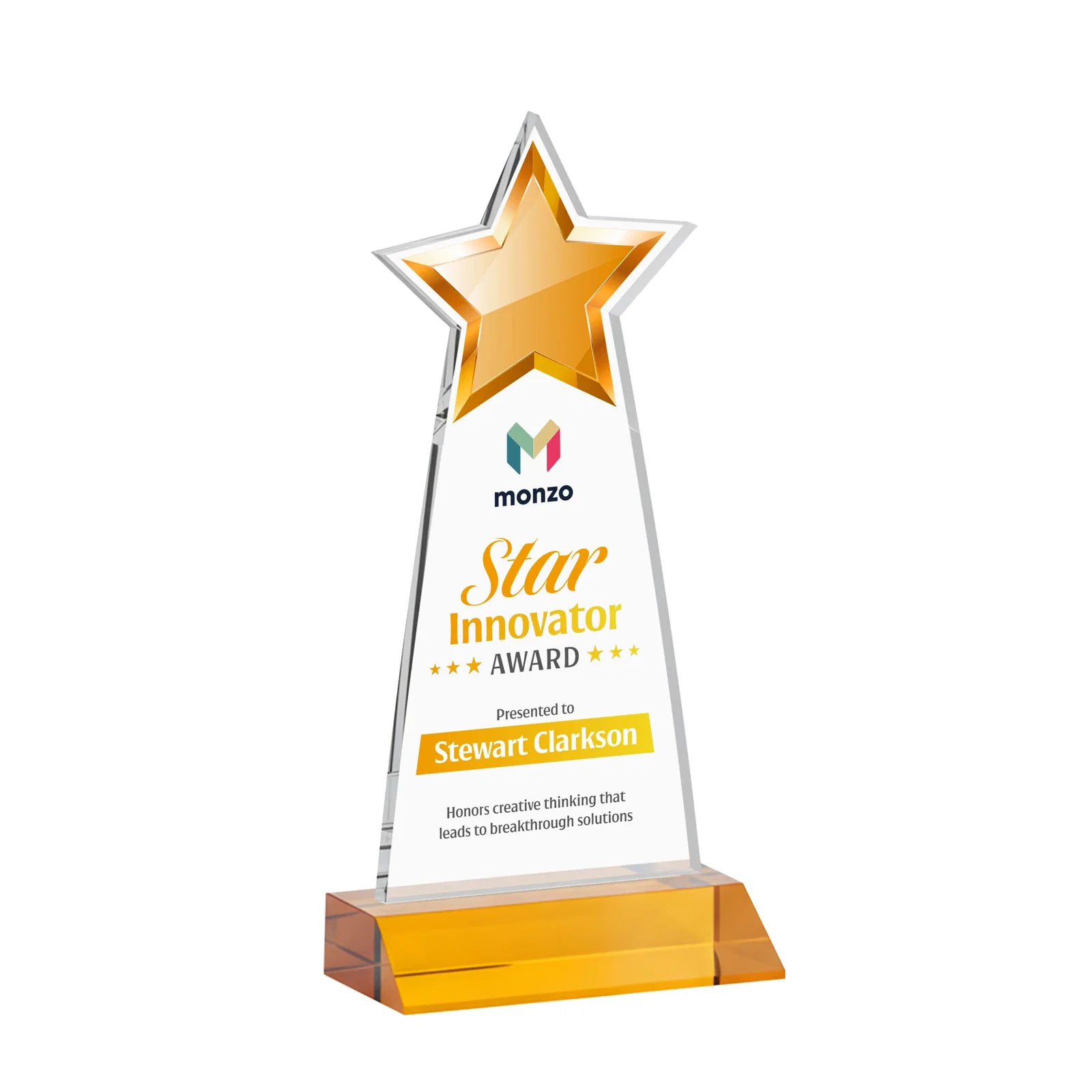 Branded Starfire Crystal Star Cutout Award With Second-Position Etch for volunteer appreciation