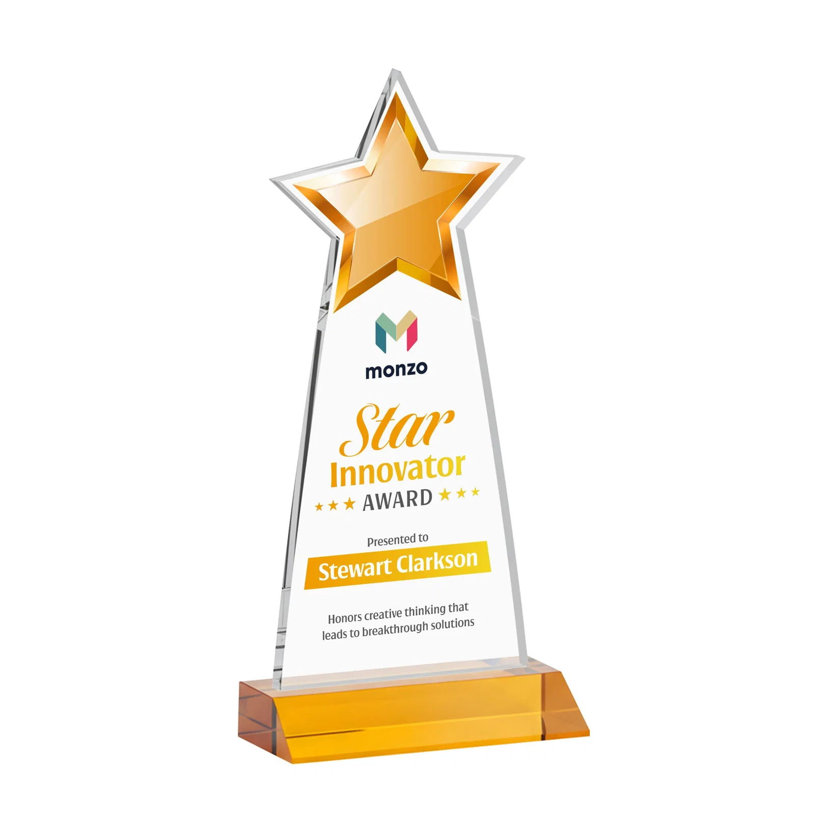 Branded Starfire Crystal Star Cutout Award With Second-Position Etch for dealer and partner awards