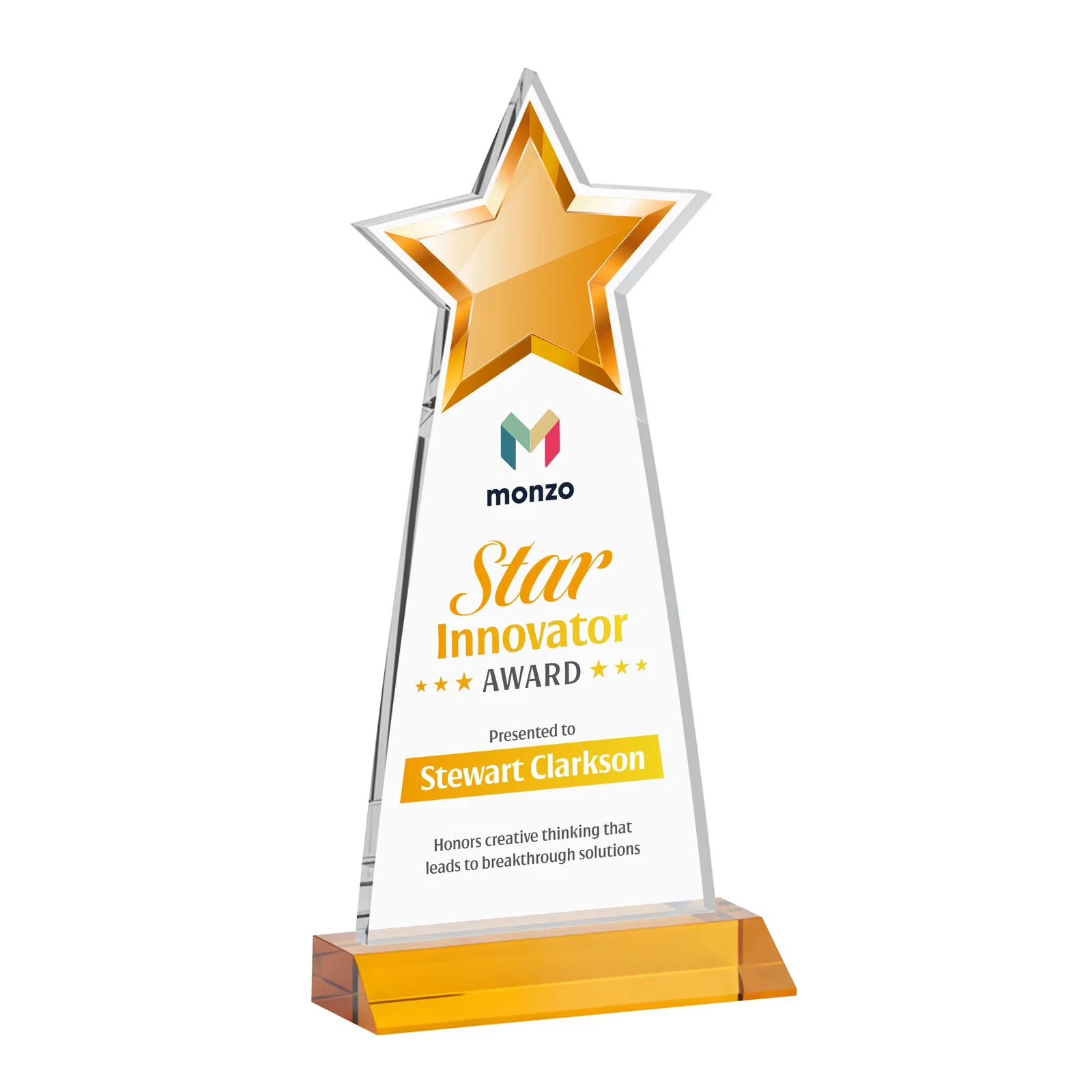 Branded Starfire Crystal Star Cutout Award With Second-Position Etch for company anniversary events