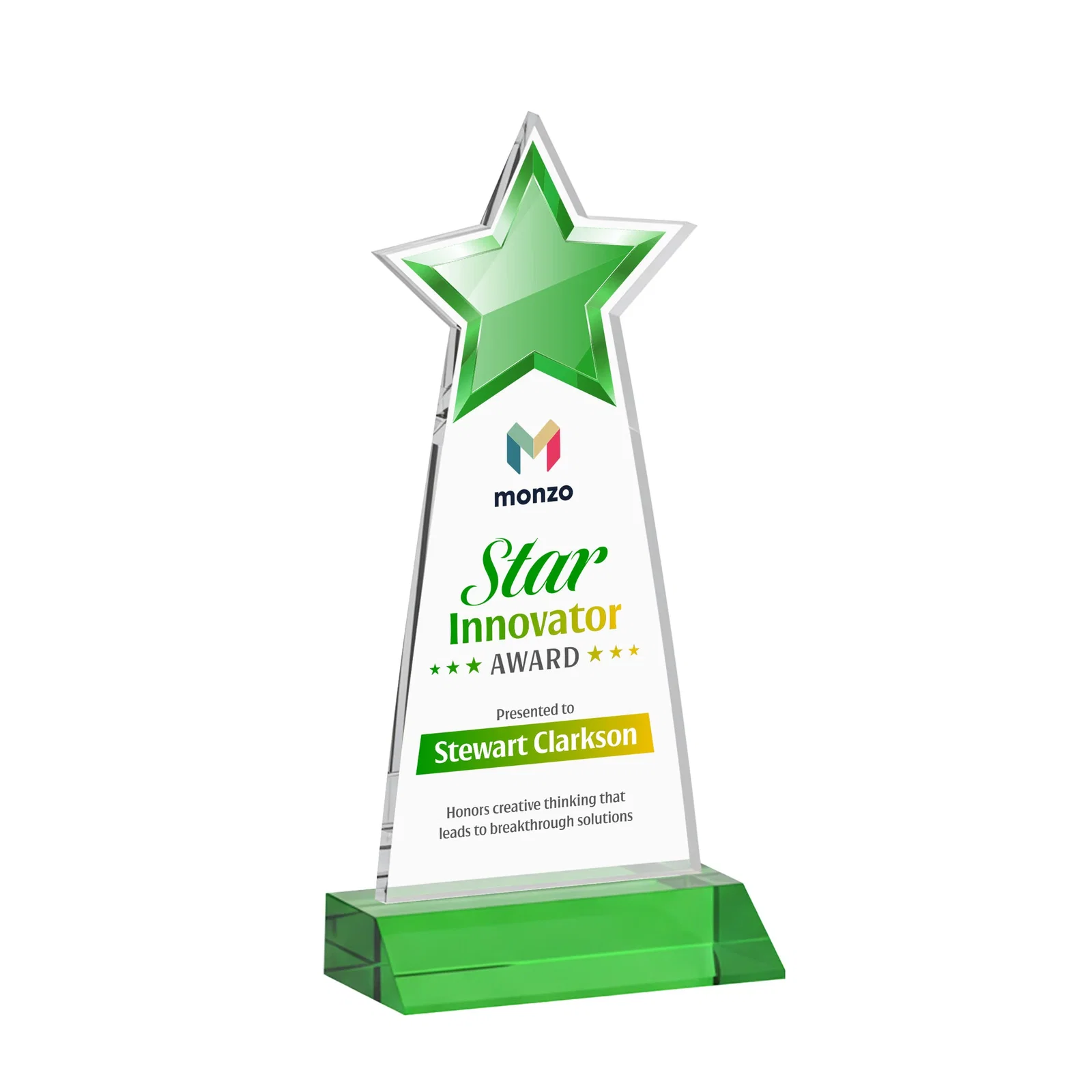 Custom printed Starfire Crystal Star Cutout Award With Second-Position Etch for corporate award ceremonies