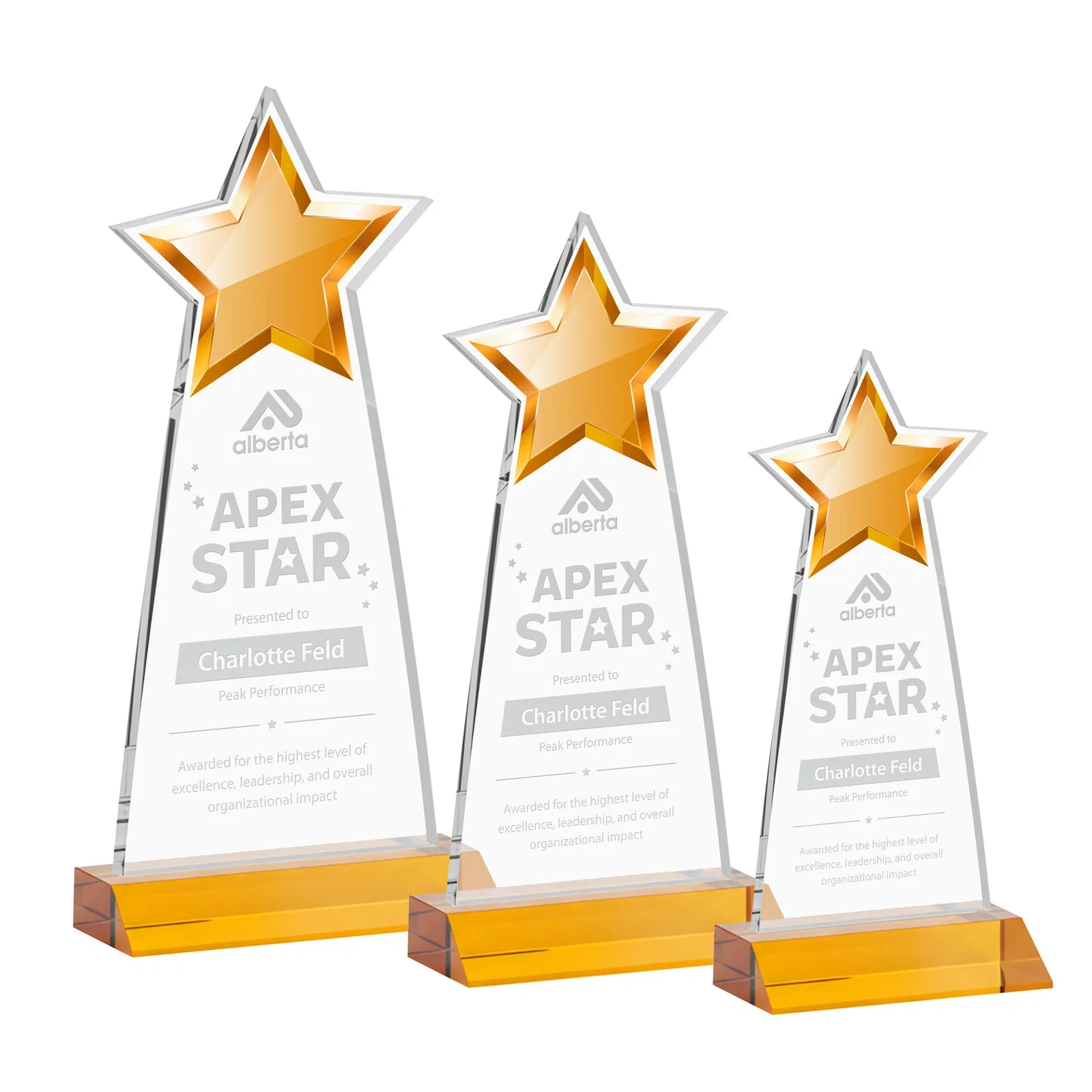 Custom Starfire Crystal Star Cutout Award With Second-Position Etch for donor appreciation