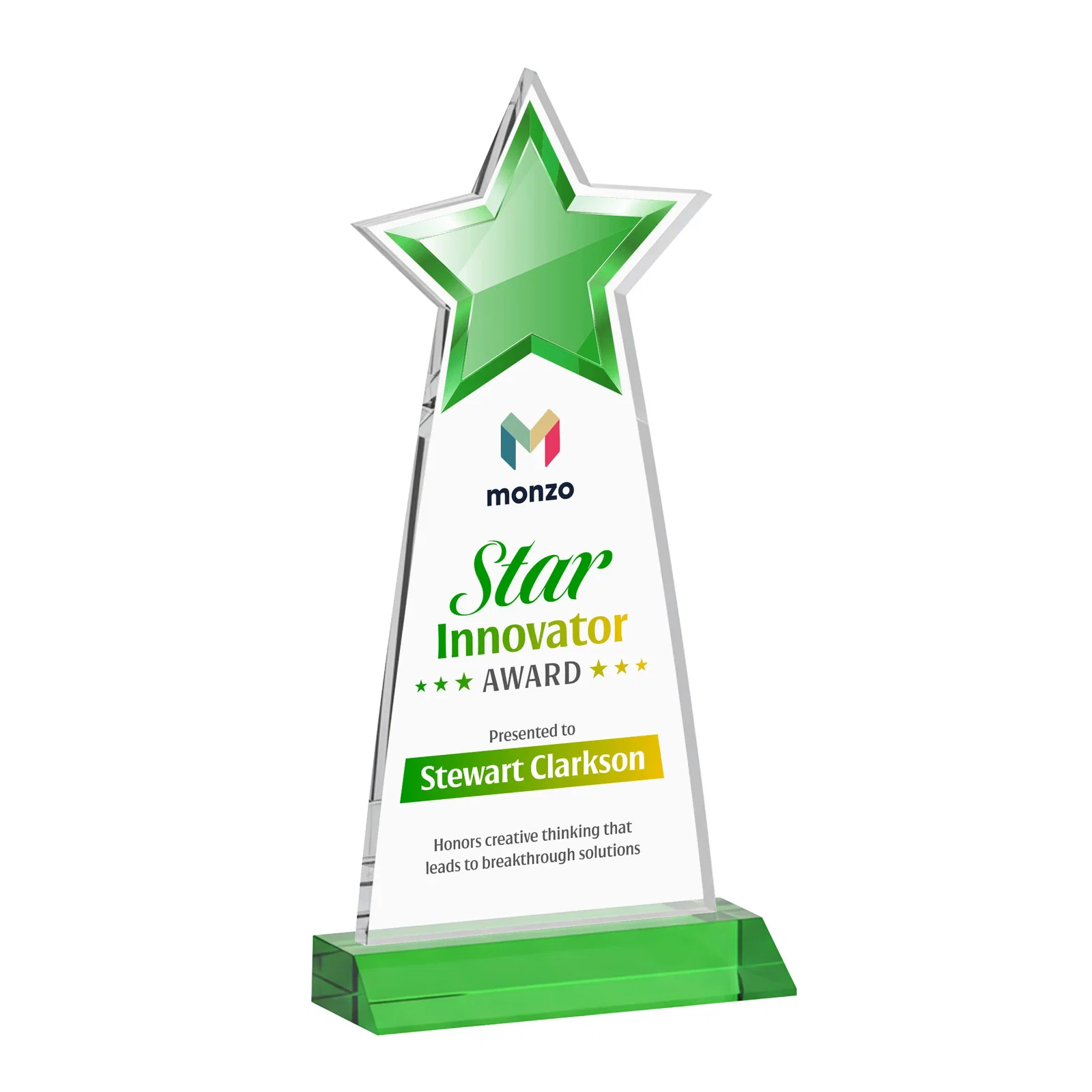 Custom printed Starfire Crystal Star Cutout Award With Second-Position Etch for sales achievement awards