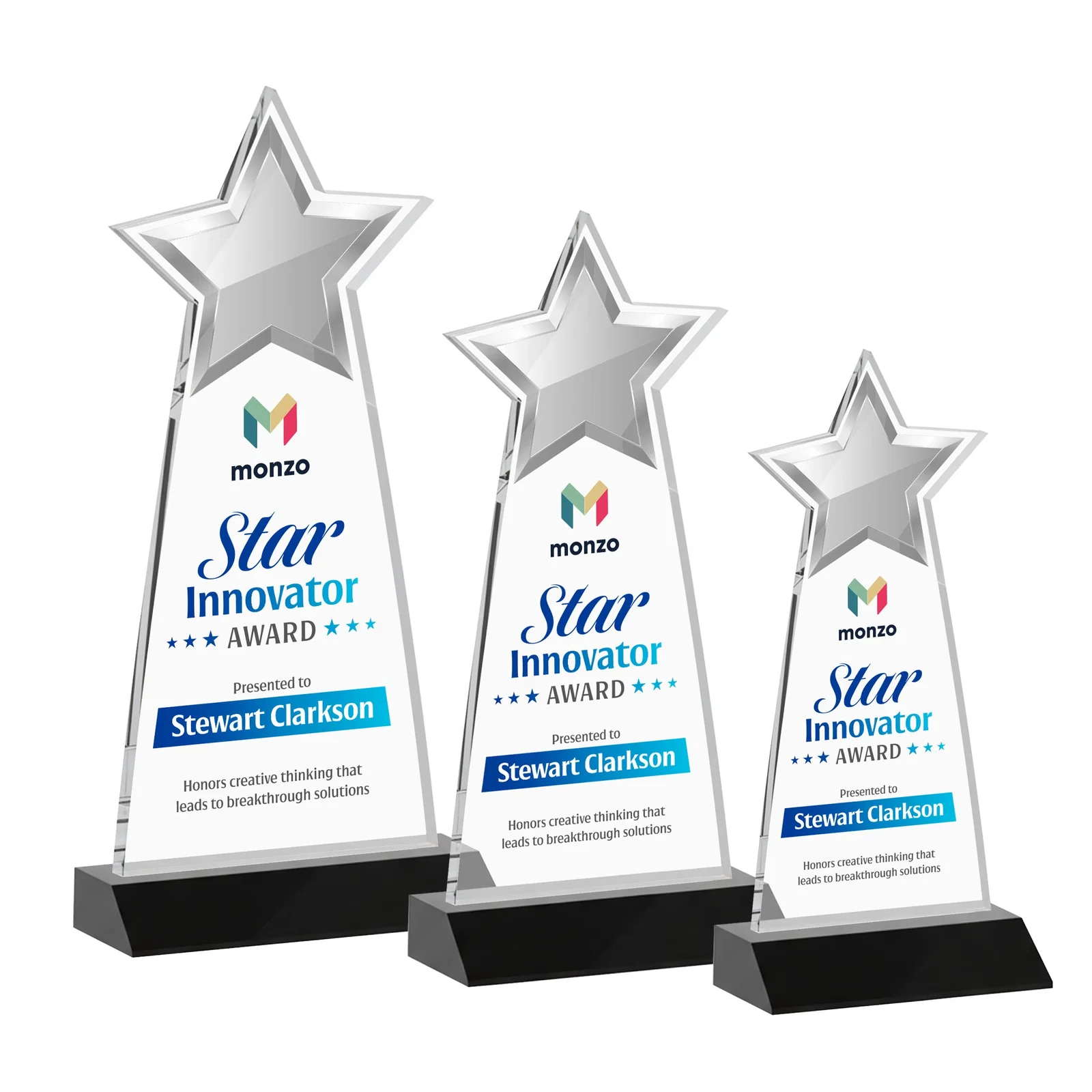 Custom printed Starfire Crystal Star Cutout Award With Second-Position Etch for retirement presentations