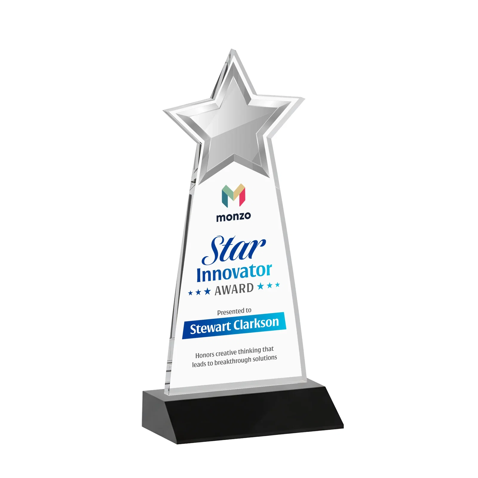 Custom printed Starfire Crystal Star Cutout Award With Second-Position Etch for team milestone celebrations
