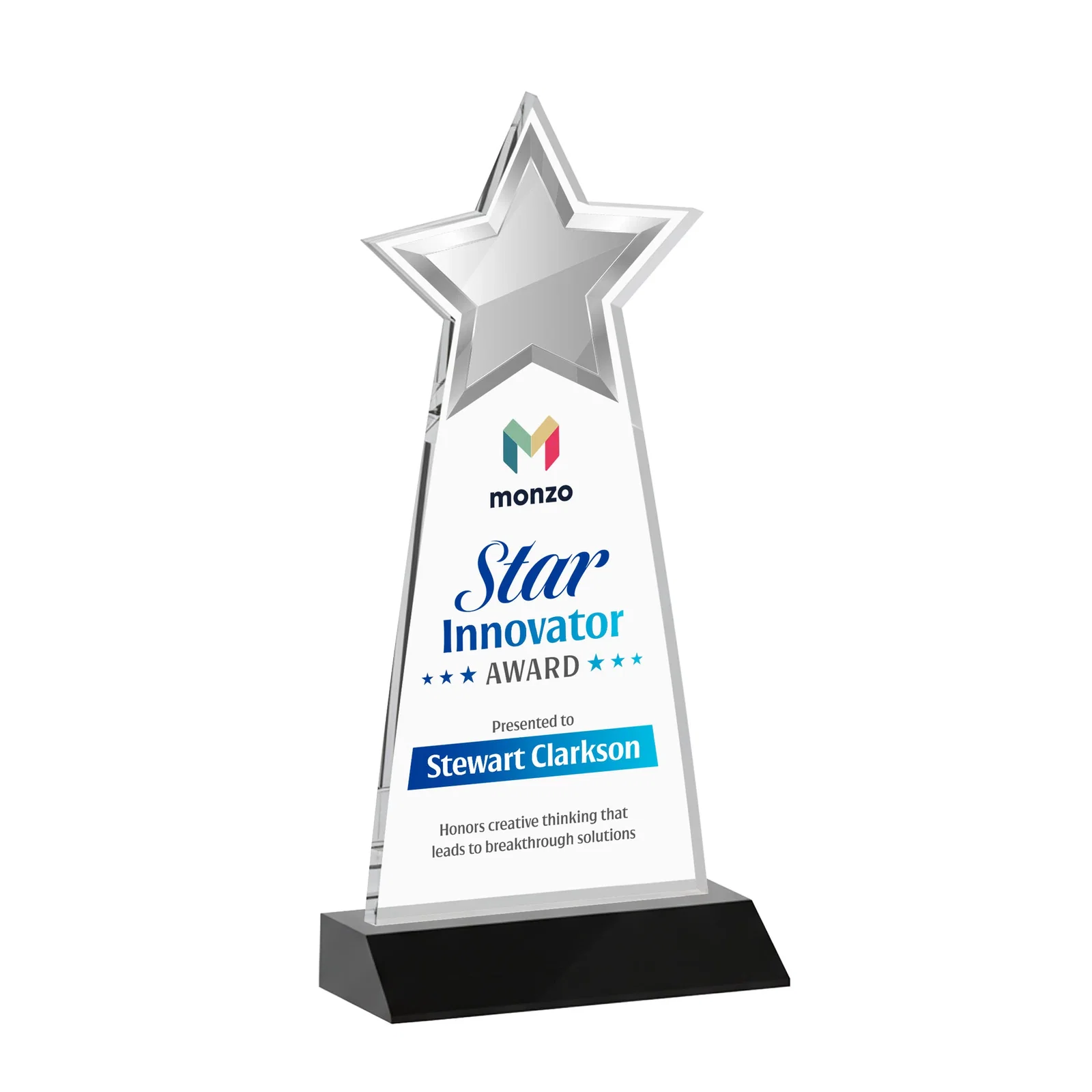 Custom printed Starfire Crystal Star Cutout Award With Second-Position Etch for donor appreciation
