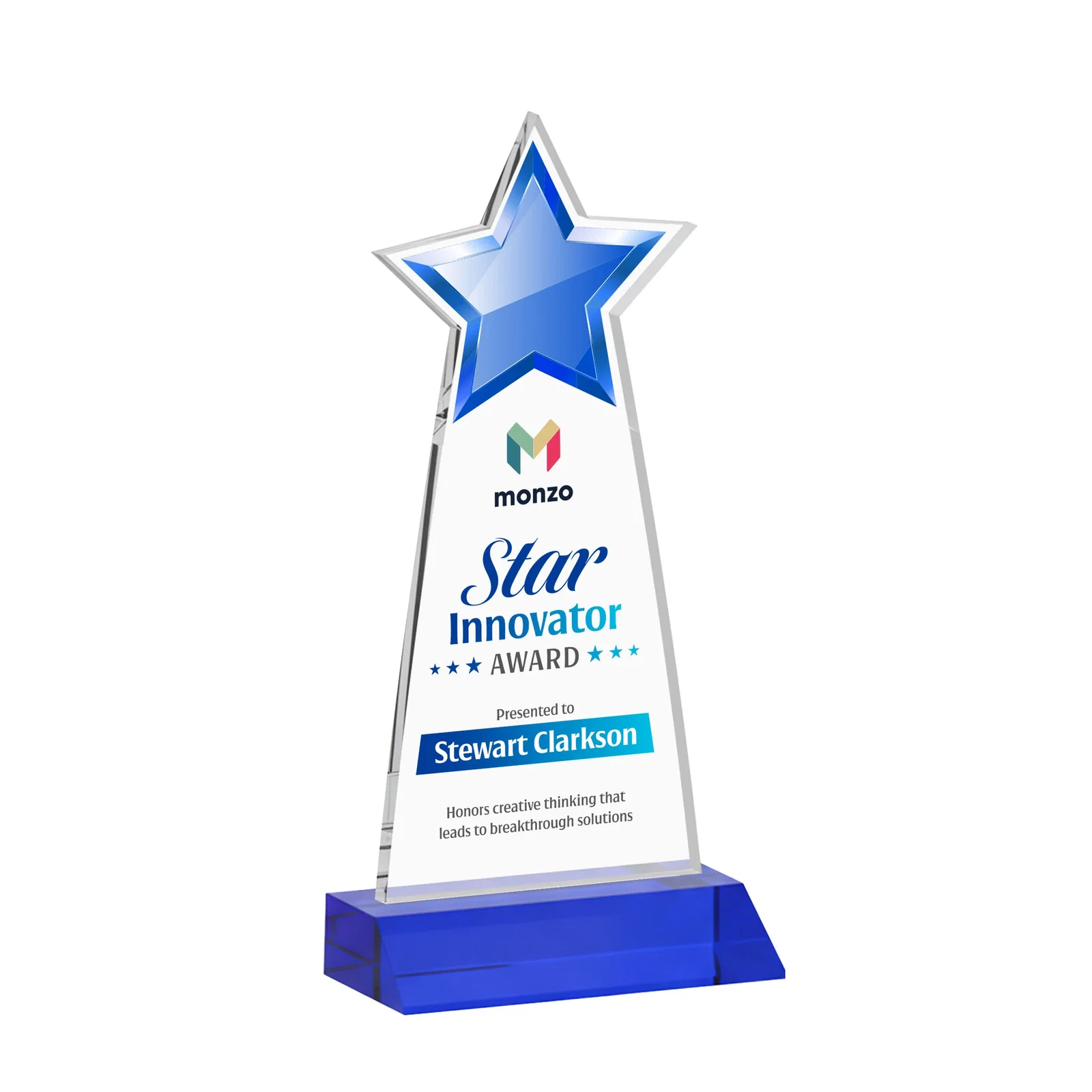 Custom printed Starfire Crystal Star Cutout Award With Second-Position Etch for volunteer appreciation