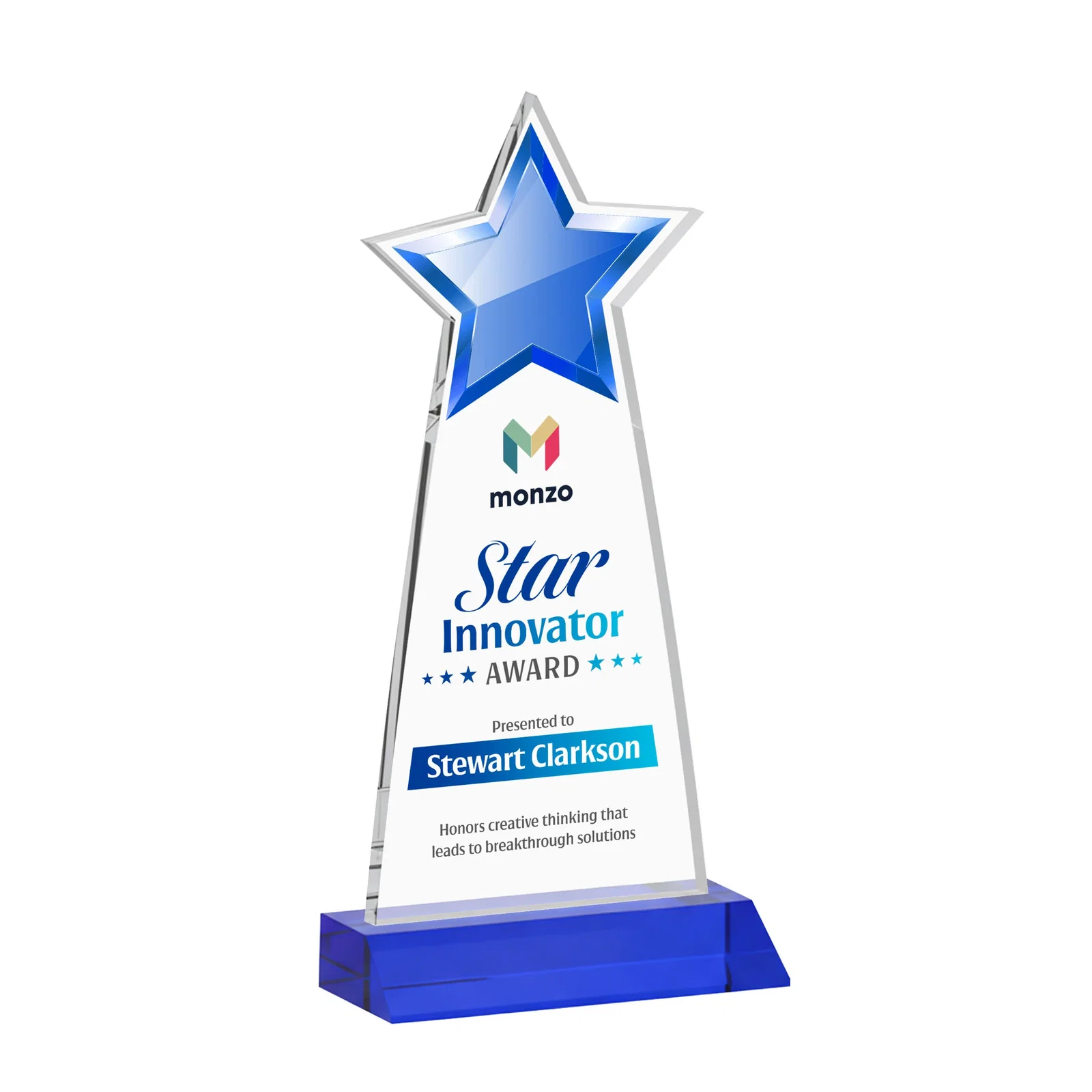 Custom printed Starfire Crystal Star Cutout Award With Second-Position Etch for dealer and partner awards