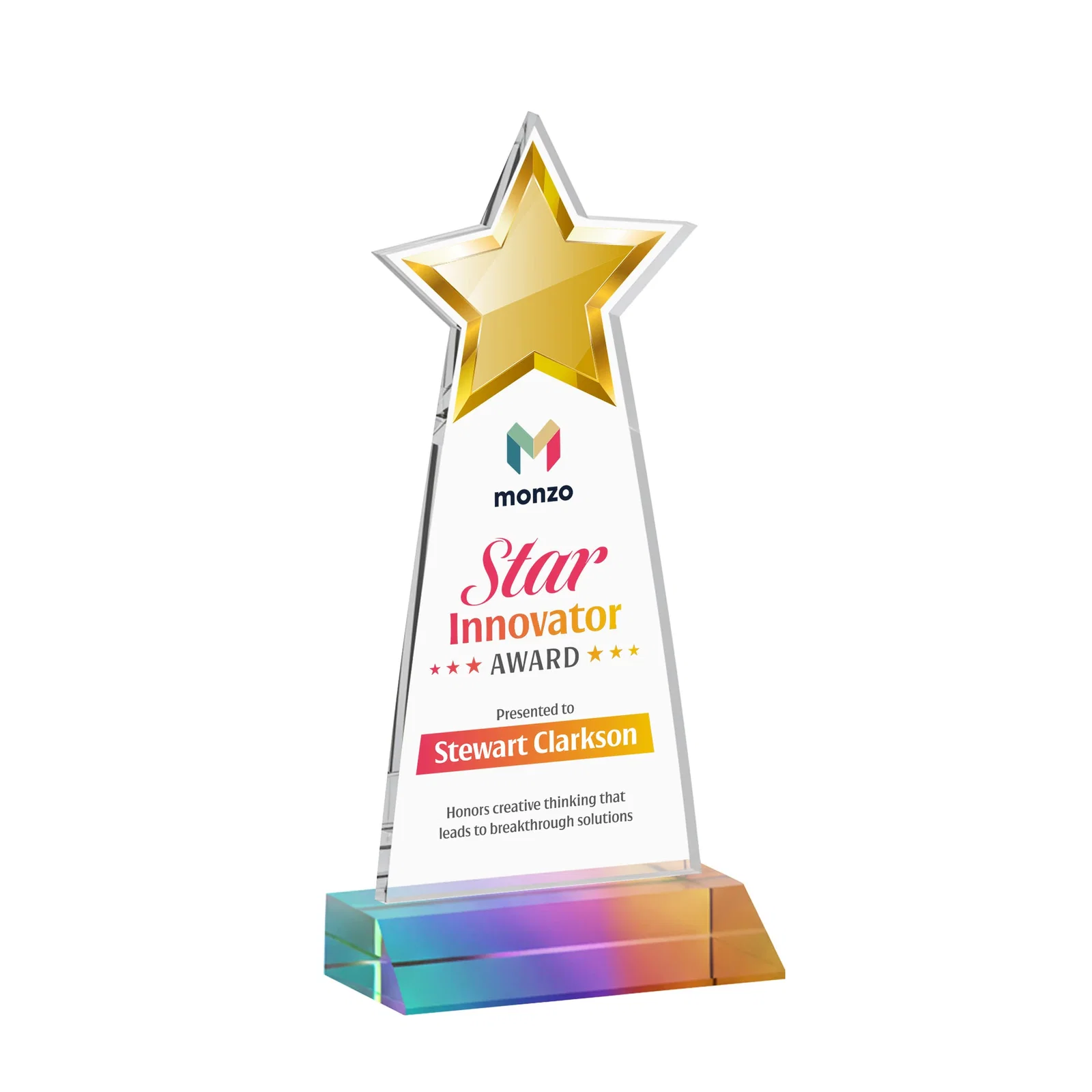 Customized Starfire Crystal Star Cutout Award With Second-Position Etch for corporate award ceremonies