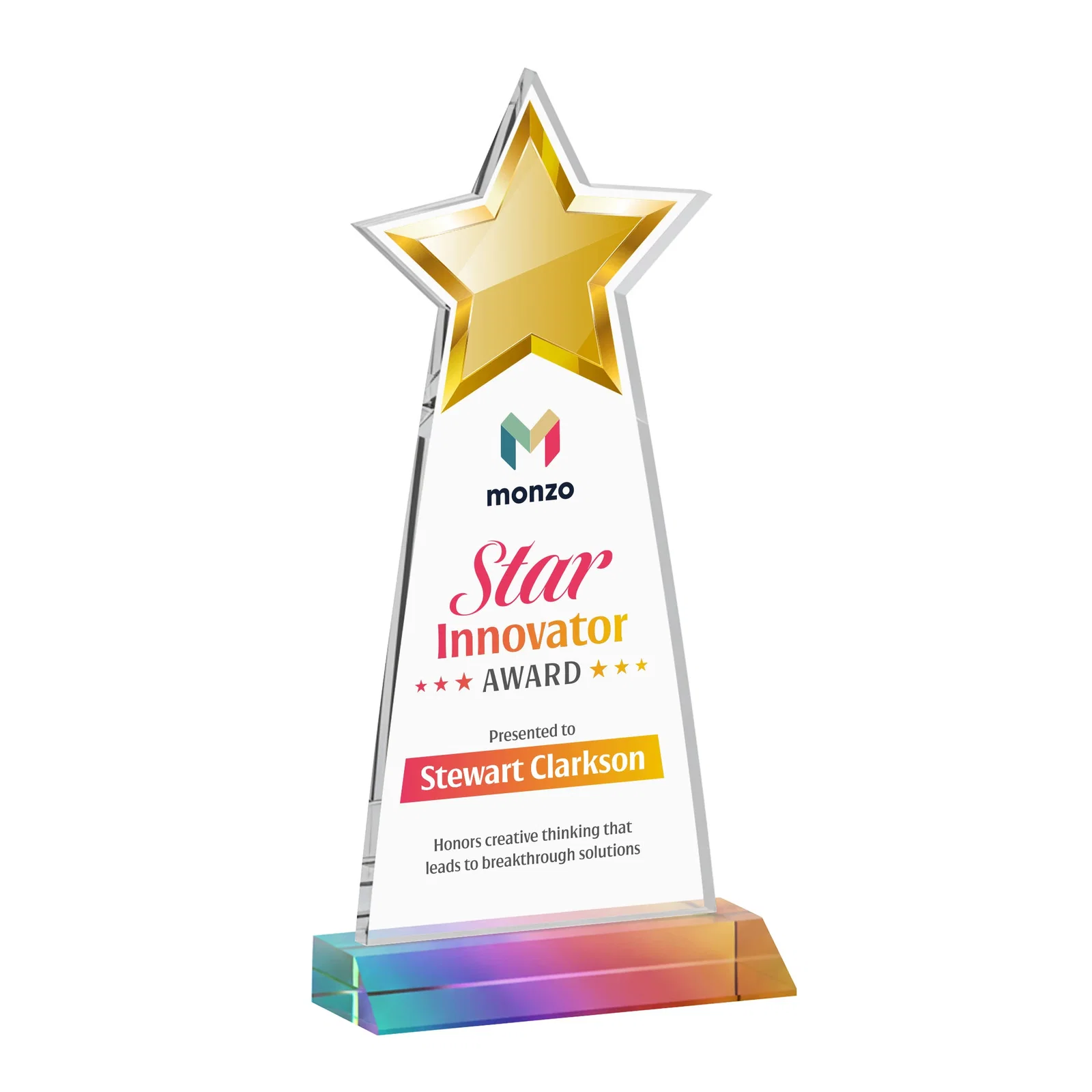 Customized Starfire Crystal Star Cutout Award With Second-Position Etch for sales achievement awards