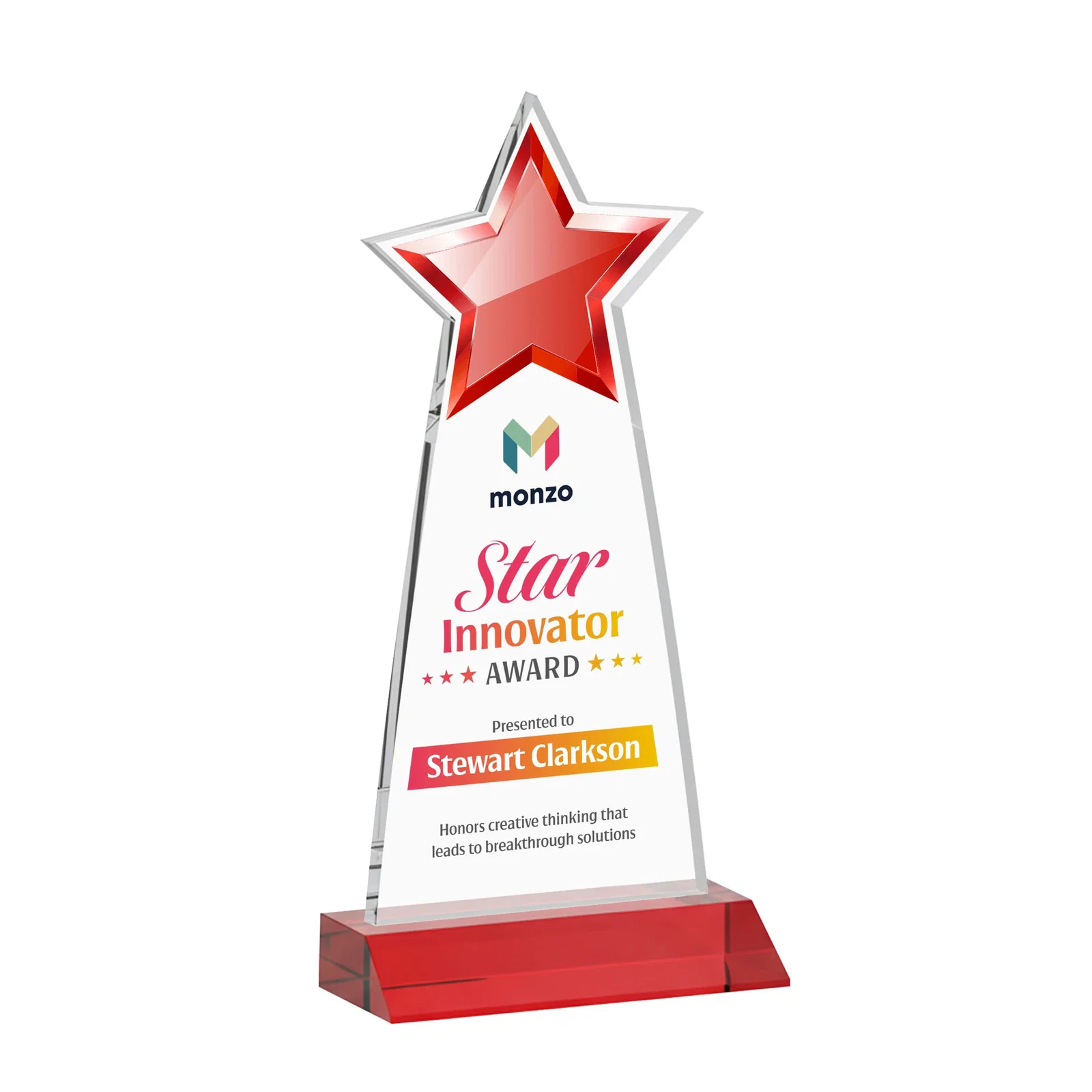 Customized Starfire Crystal Star Cutout Award With Second-Position Etch for donor appreciation