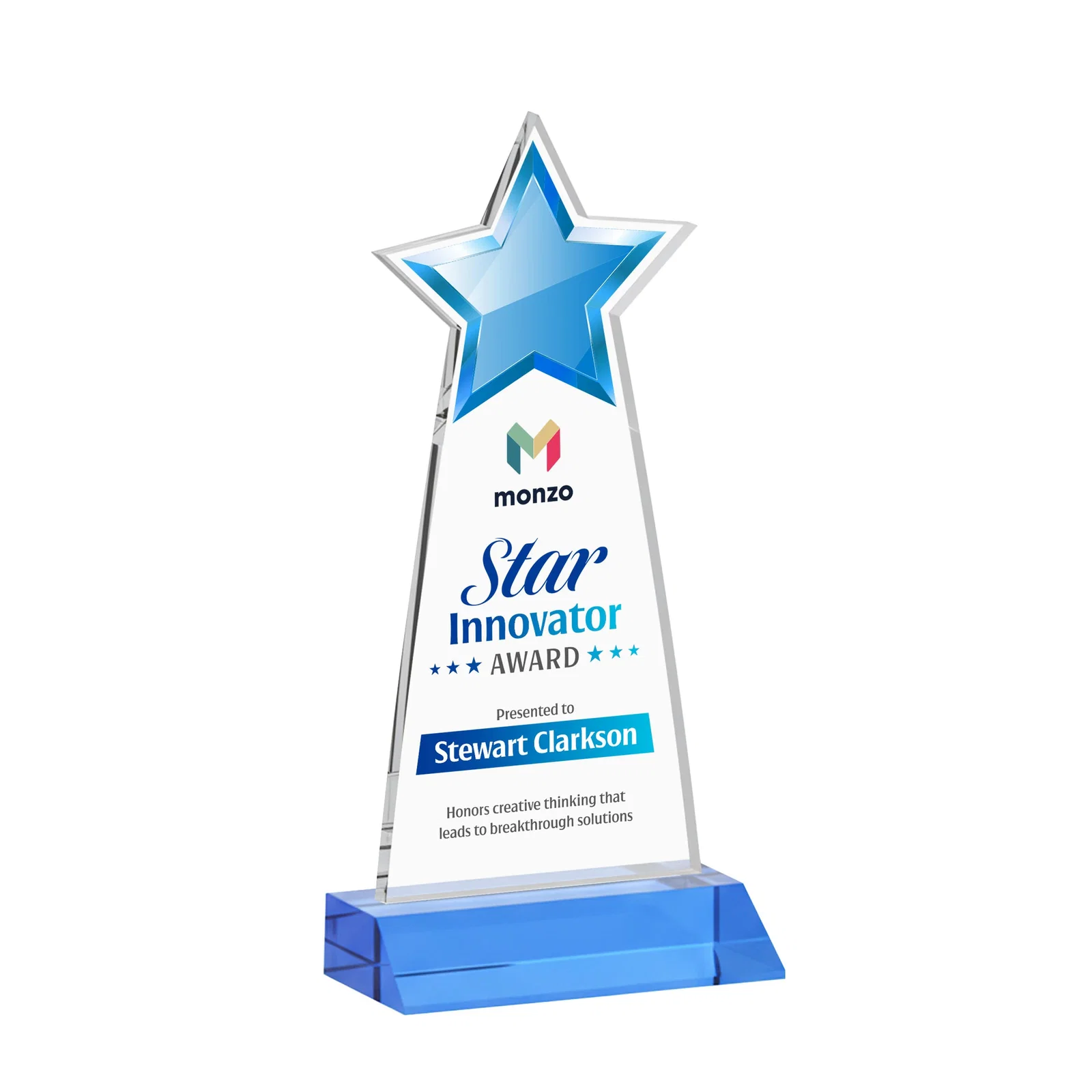 Customized Starfire Crystal Star Cutout Award With Second-Position Etch for volunteer appreciation