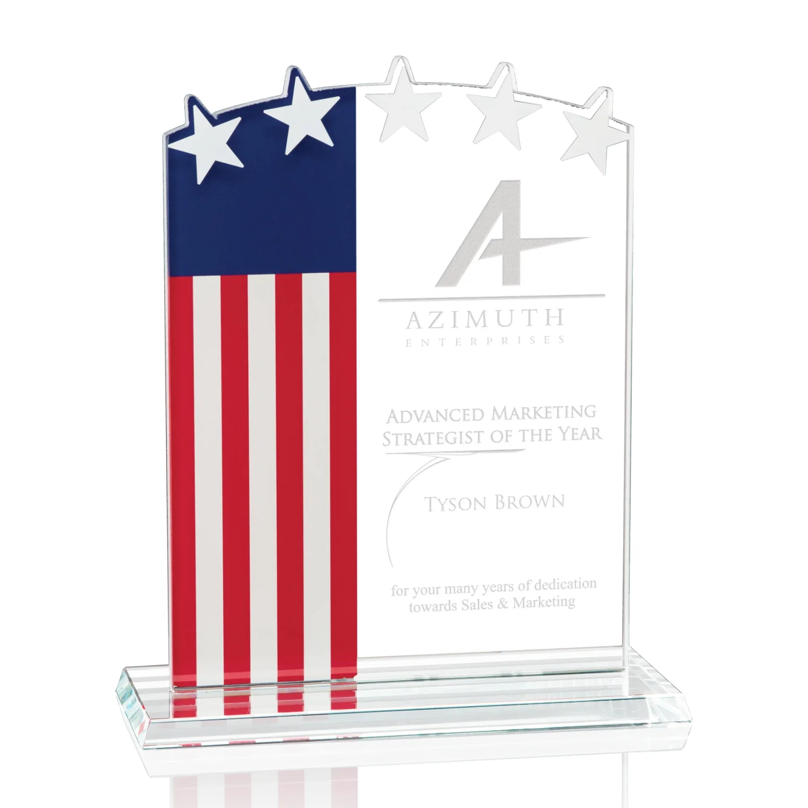 Custom Starfire Crystal Stars and Stripes Award with Frosted Edge for corporate award ceremonies