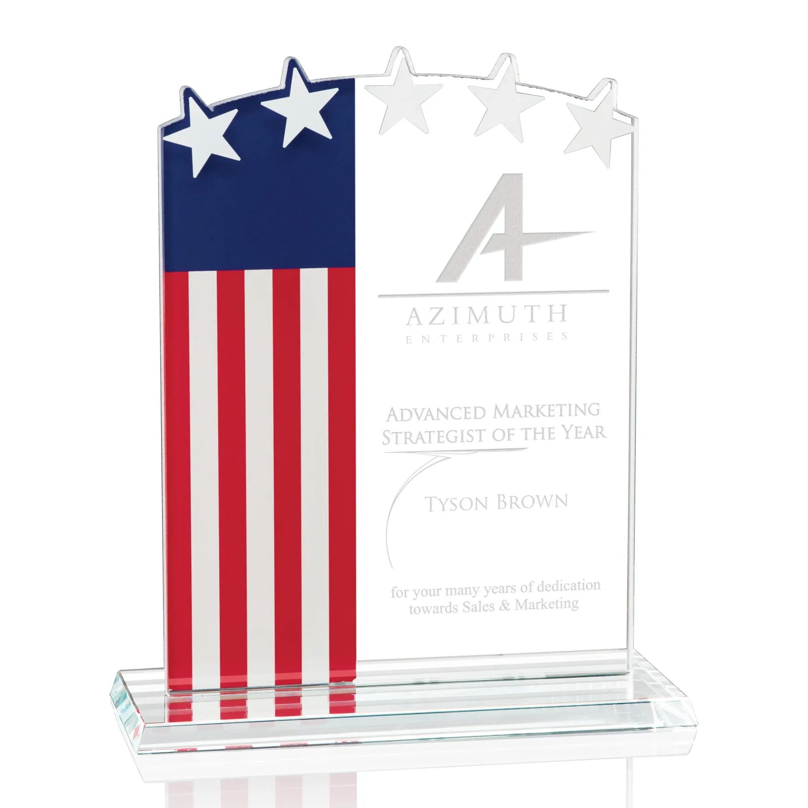 Custom Starfire Crystal Stars and Stripes Award with Frosted Edge for service anniversary gifts