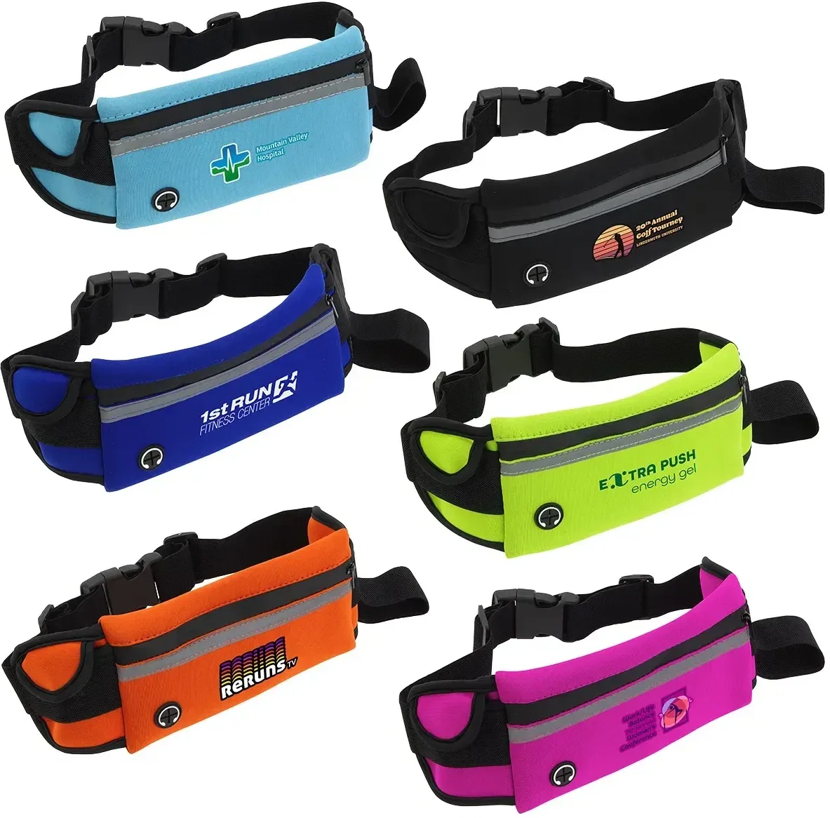 Stash Pocket Reflective Sport Belt, custom branded running belt with reflective stripe, front view