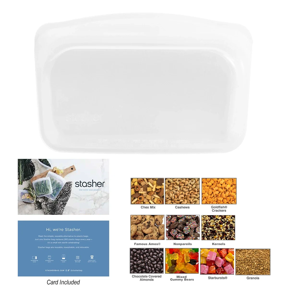Flat clear pouch measuring seven and a half inches wide