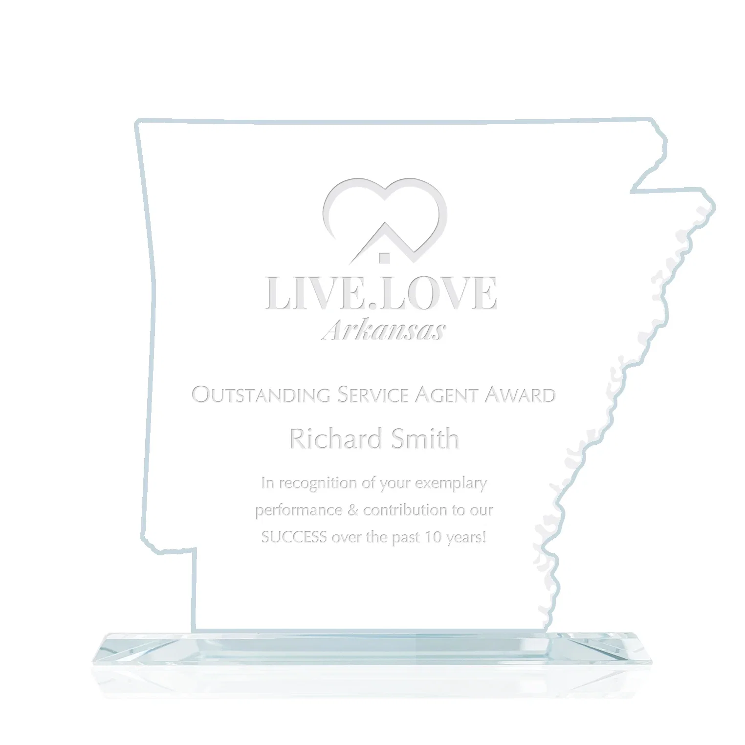Custom Aquashaped Jade Glass Arkansas Map Award for employee recognition