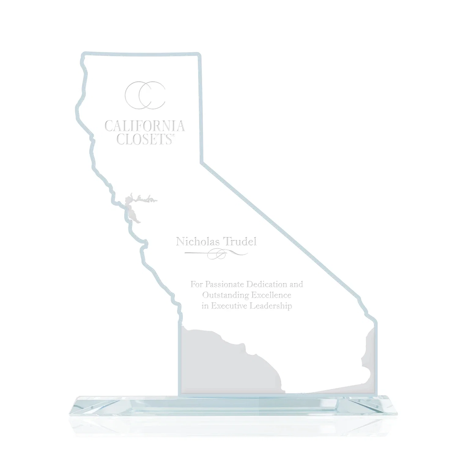 Custom Aquashaped Jade Glass California Map Award for employee recognition