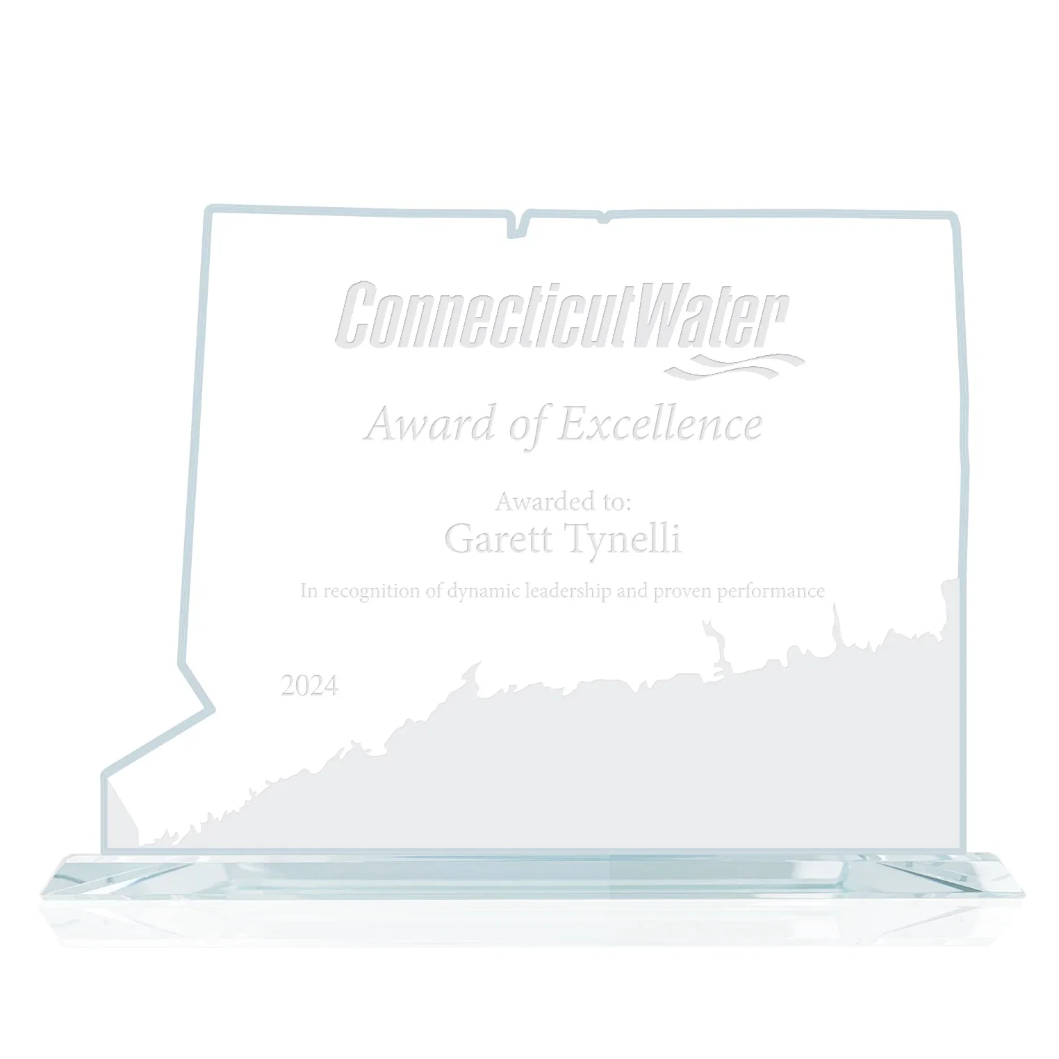 Custom Aquashaped Jade Glass Connecticut Map Award for employee recognition